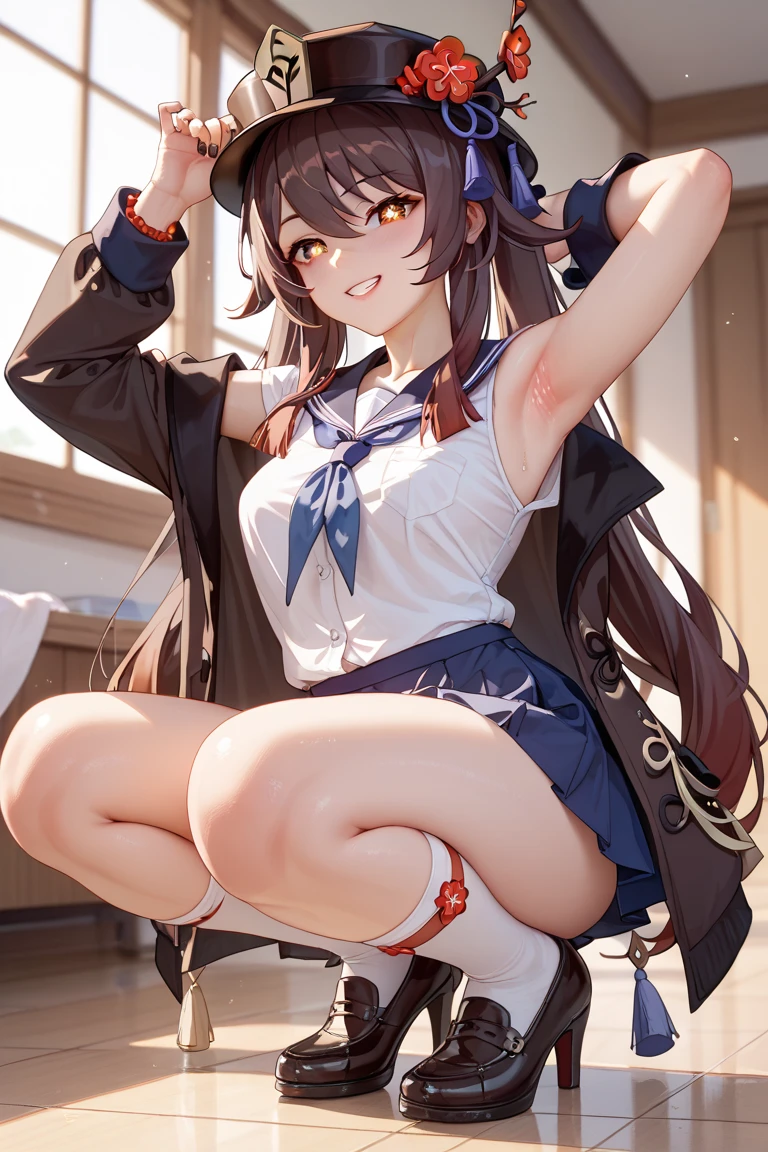 (realistic, photo realistic:1.2), ((highest quality)), beautiful face details, real human skin, pretty embarrassing, Kotori Minami, skirt, (white panties:1.1), (open shirt:1.2), under breasts, hair ornament, ribbon, hair ribbon, sleeveless, hairclip, midriff, vest, red ribbon, wrist cuffs, blue thighhighs, Cowboy Shot, sitting on speaker, knees raised, spread legs, Cute face, deadpan, Looking at Viewer, (on stage), (stage lights), (crowd, audience:1.3), from below