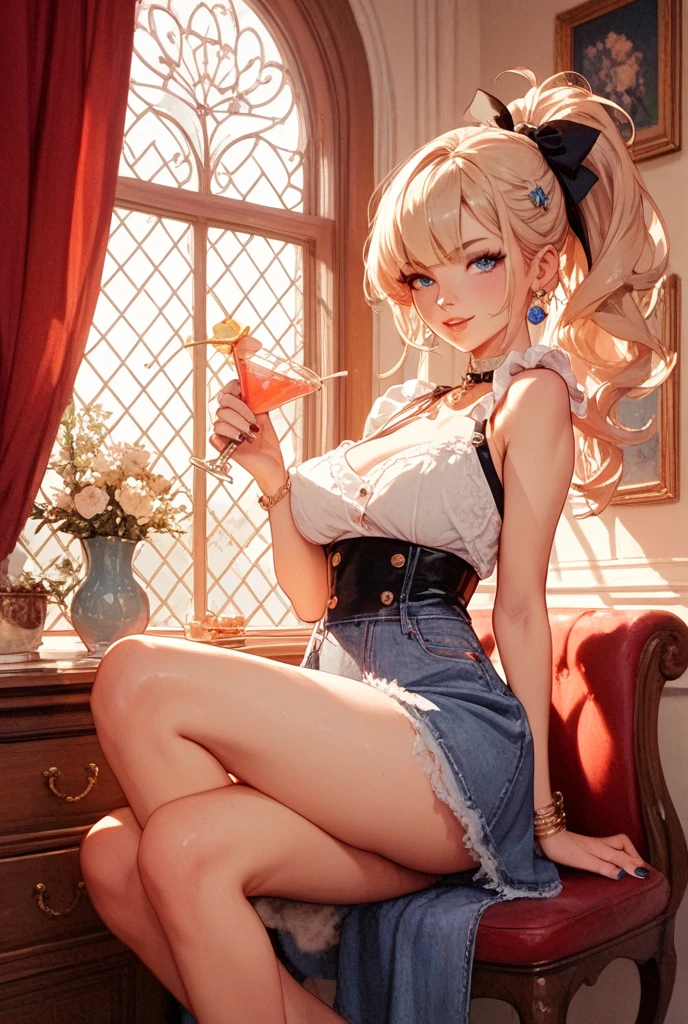 (Super detailed、Ultra-high resolution、8K masterpiece、Vibrant colors)、((Flat Color))、((colorful))、Multicolored lighting、((浮かぶcolorfulな水))、Blue background、
A woman in a maid outfit is tied up、(Golden chains on body、Golden handcuffs)、sit on a round stool、Random Sexy Poses、Angle seen from behind、
(ponytail、Vermilion, silver and gold hair、hair ornaments、Big Breasts、Brown Skin、Red lipstick)、(choker、Skirt with slits、Knee-high stockings、garter belt、Wedgie Panties)、Beautiful hip line、twice TZUYU、Beautiful blue eyes、(A rich expression、Ahegao、happy、fun)