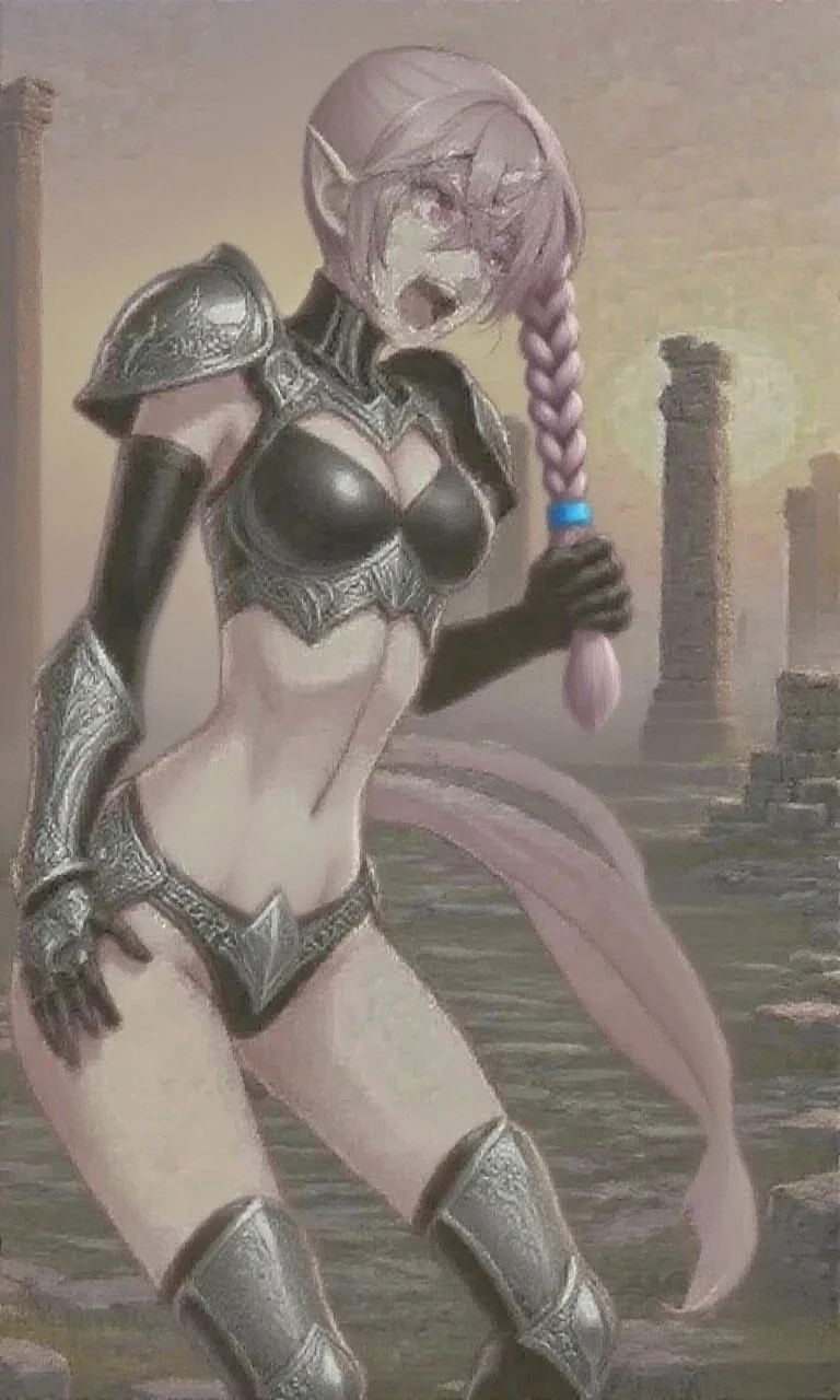 1slave, Full-body art, elf chained, bound, elf girl in shackles, girl squatting, kneeling, knees on the ground, dark bikini, camel toe, small breasts, girl chained in dungeon, dark and dirty dungeon, stone walls, chains, witch with shackles, dark and humid environment, knees spread, shy and embarrassed expression