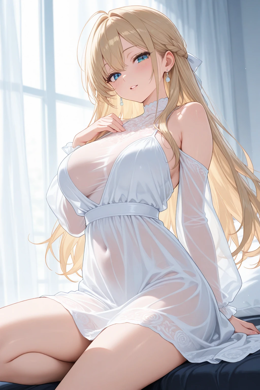 (Masterpiece), (Excellent), (Extremely Fine), best quality, expressive eyes, perfect face, highres, 4k resolution. 1girl, Close-up portrait of a graceful woman, (mature female, milf:1.4), realistic face, (a graceful mother:1.3), swept bangs, long hair, braid, (light blonde:1.3), light blue eyes, (fat arms:1.3), huge breast, long neck, sleep (transparent gown:1.3), bedroom, graceful aura, loving mother face, morning sunlight from windows.