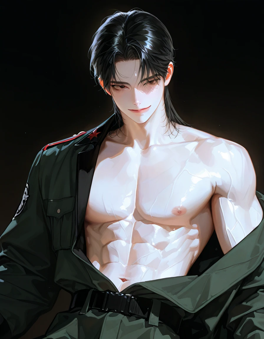 Young guy, short black hair, high ponytail, Yellow eyes, Scars, bloods, confusion, Wounds, Smile, Bandages, red martial arts pants, open torso, Masterpiece, hiquality, 4k, HD, Good detail