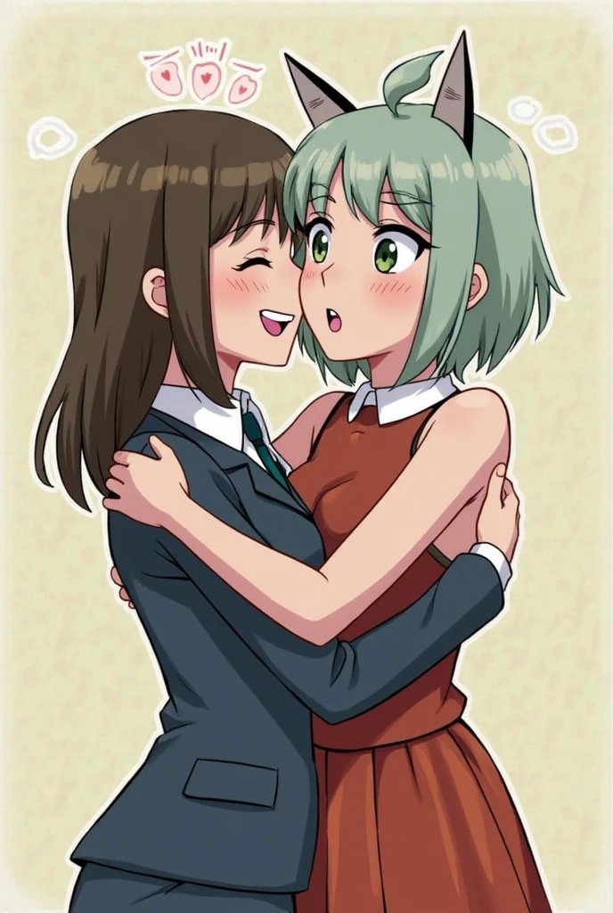 (best qualityer, master part), 2 naked women looking at each other side view, The woman on the left is an emotionless psychopath with brown hair and hot green and pink tips., with green eyes and smiles at the woman on the right, The woman on the right is emotionless and serious, (without any clothes), (having ???)