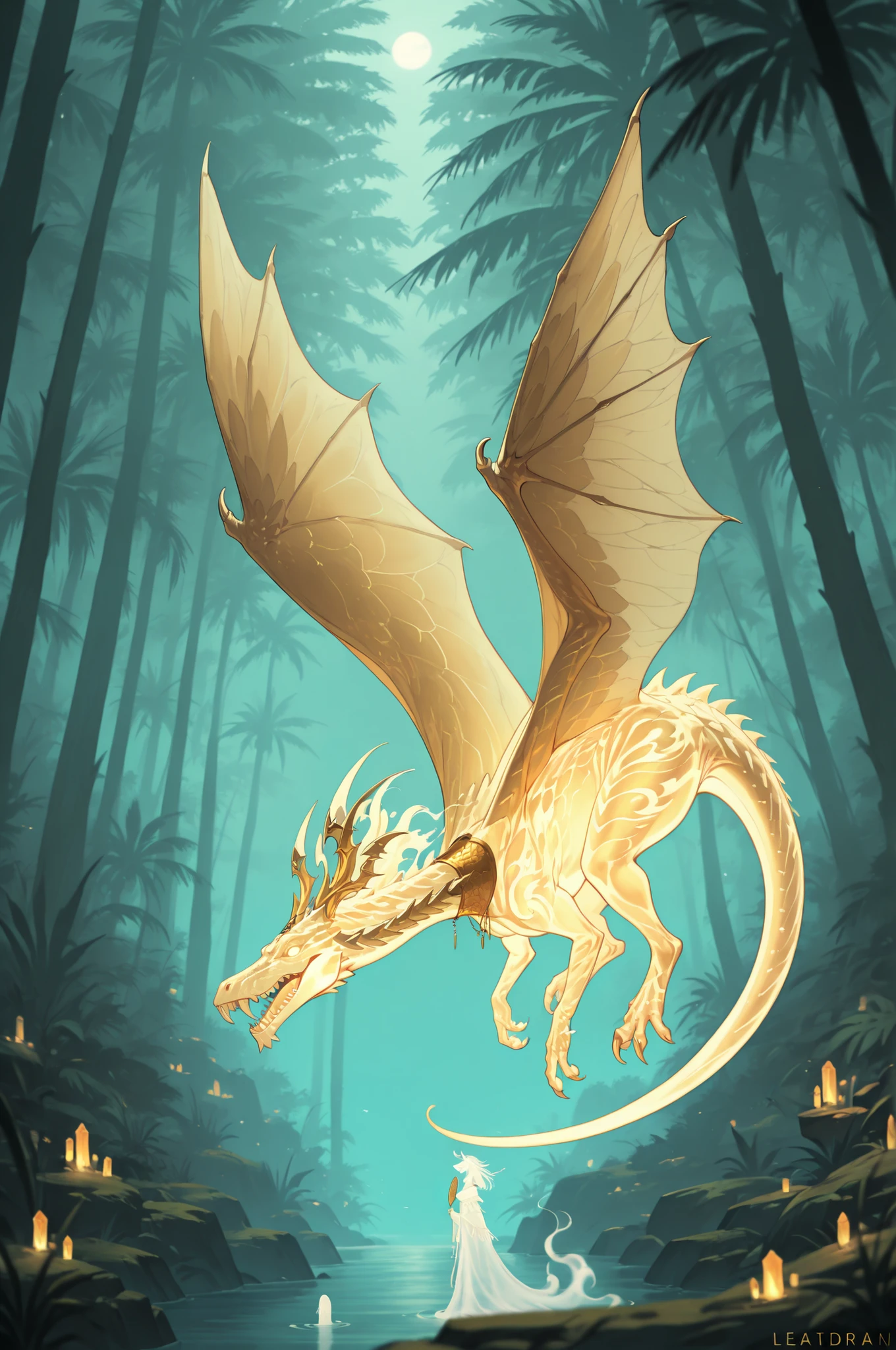 masterpiece, best quality, amazing quality, very aesthetic, high resolution, newest, hyper-detailed, ghost-Dinosaur, ivory and gold, with a sabertooth, leathes wings, fantasy theme, full body fan art, amazing tropical forest background, depth of field 
