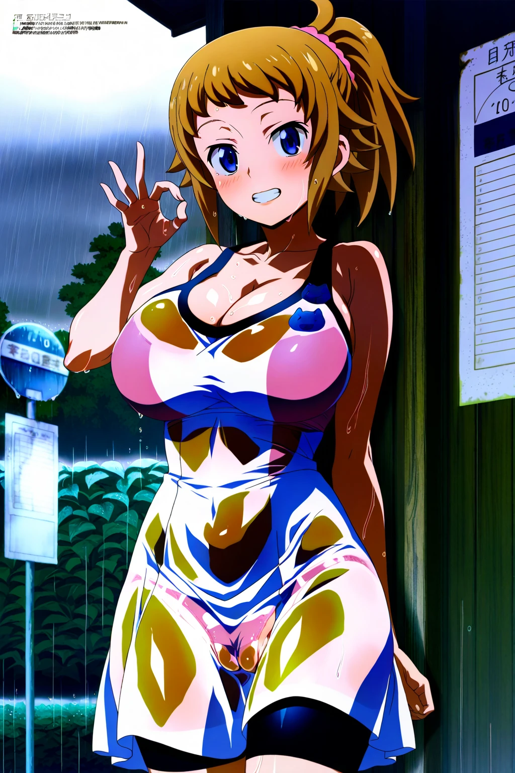 masterpiece, best quality, highres, 1girl, solo, superhero, leotard, blue and white leotard, bare legs, brown hair, short hair, brown eyes, hairband, medium hair, ribbon, boots, matching boots, blue boots, medium breasts, cowboy shot, standing, smile, city backdrop, haruhi suzumiya, kyoani haruhi style, sleeveless, blue sparkles,