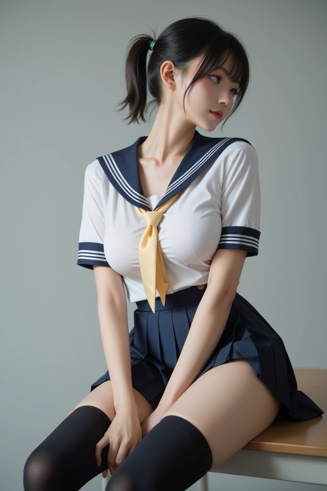 (8K、RAW Photos、top-quality、​masterpiece:1.2)、(realisitic、Photorealsitic:1.37)、女の子1人、japanes、18year old、femele、‎Classroom、natta、profetional lighting、Photon mapping、torn、Colossal tits、The tips of the knitted, which are pure white and very small in size, stick out、areola protruding、The shape of the pubic area is clearly visible、gals、Lots of lashes、Lame on the eyelids、Pitch black lip、Pitch black heels、pubick hair、the lower abdomen bristles、A slender、crotch open、My are big and are about to spill out of my bra、Very much pubic hair、pubic hair is very protruding、((See-through sailor suit、Short pleated skirt))、maroon short hair
