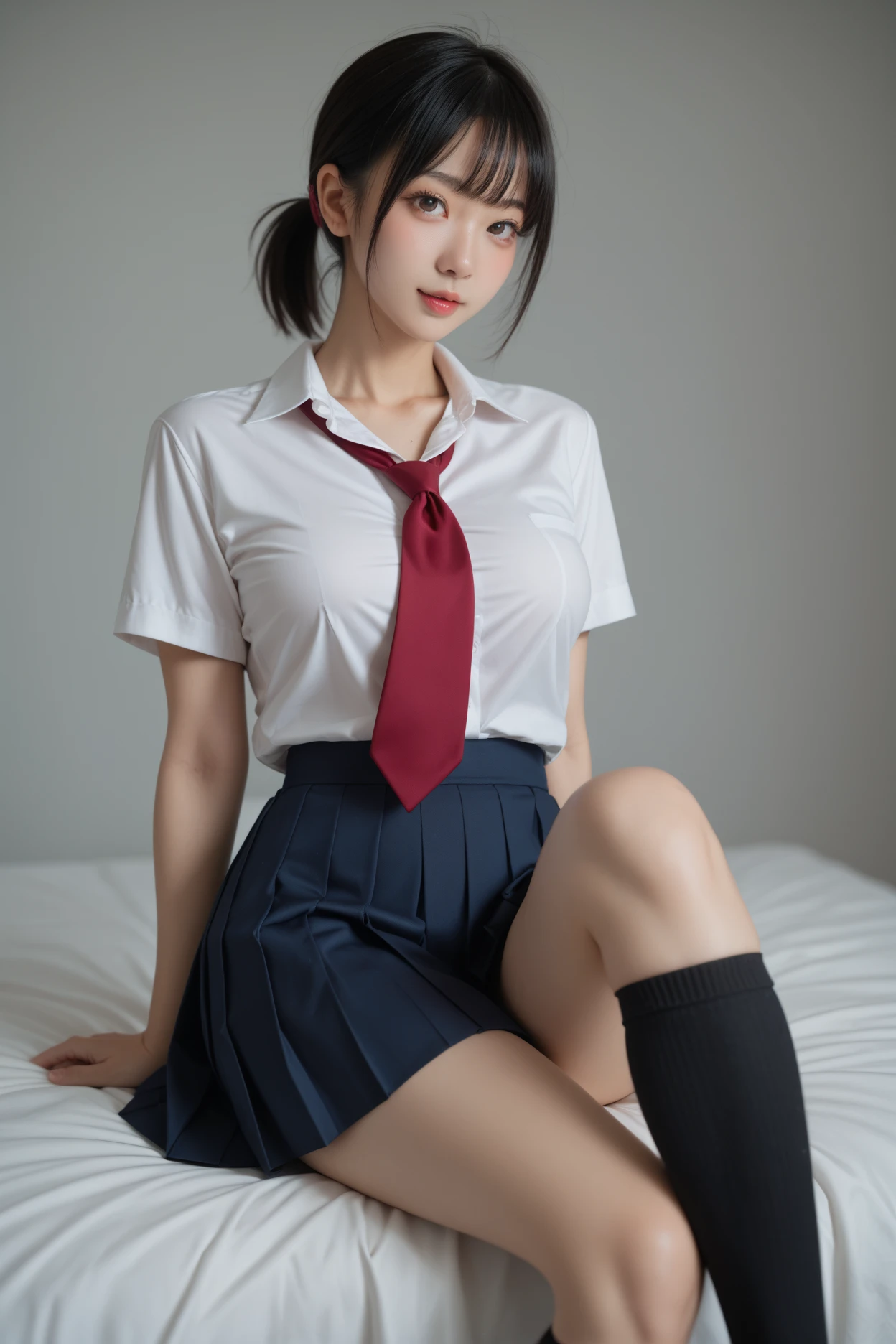 top-quality,ultra - detailed,tmasterpiece,hentail realism,Photorare,Bright lighting,, extremely beautyful girl, ,Thin smile, (Brown eyes),(brown haired),short detailed hair(By bangs),perfect glossy shiny skins,flawless skin,(,Sexy and sexually explicit)),((Exact pointers,No discomfort)),Poor milk,flat chest and thin waist,, looking at viewert,((Sailor Burless Suit)),((Short sleeve uniform white shirt)),(red necktie),(Blue Mini Pleated Skirt),(((skirt lift by yourself))),(Lift and expose panties),pantiess,Panty Focus,((Sit up,Spread your legs apart)), sockes,(Over knee socks) (White tights),(Mary Boots), In the daytime,Lie on the bed with your legs spread,Get wet