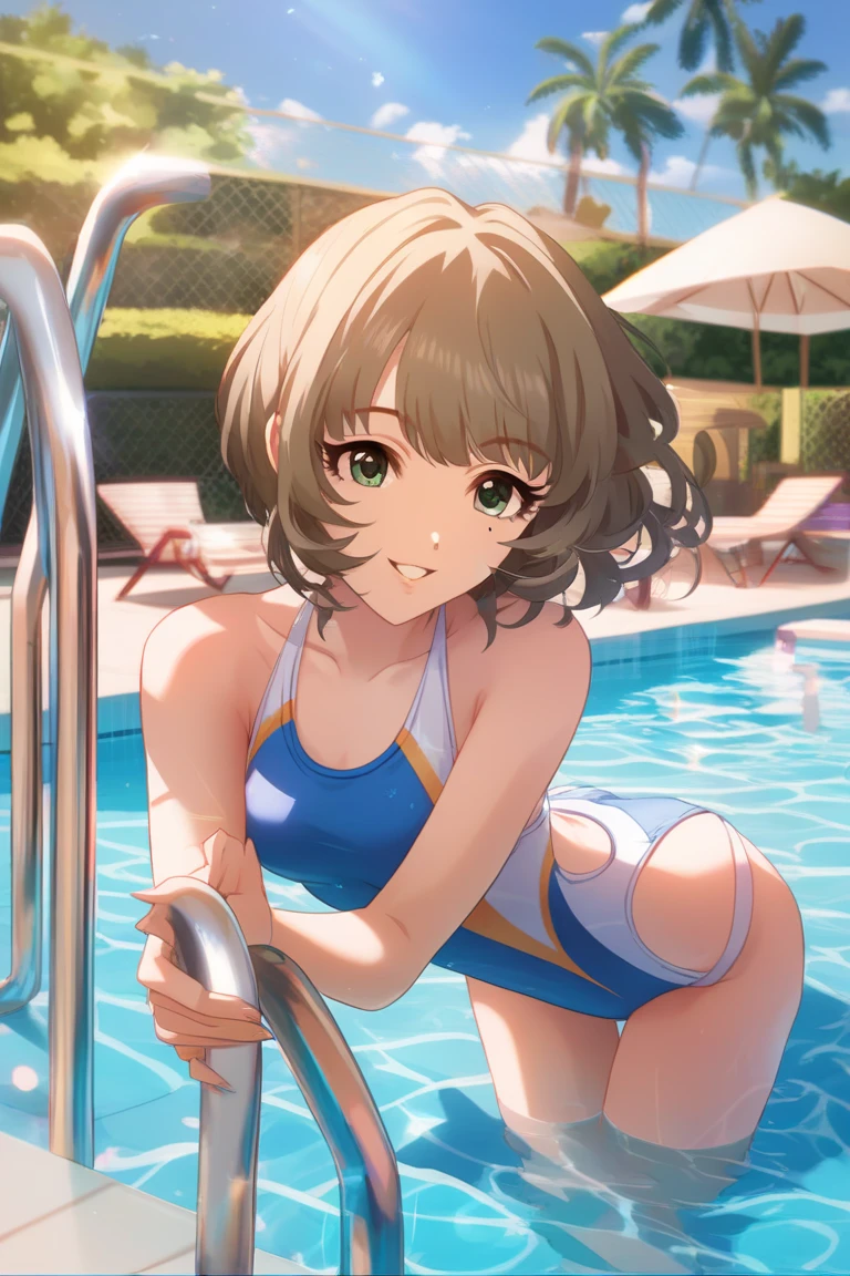 (((pixel-perfect, detail-perfect))), solo, 1girl, you watanabe, eyes azzur, smile, bikini, pool, armpit, big filesize, ultra High Qality