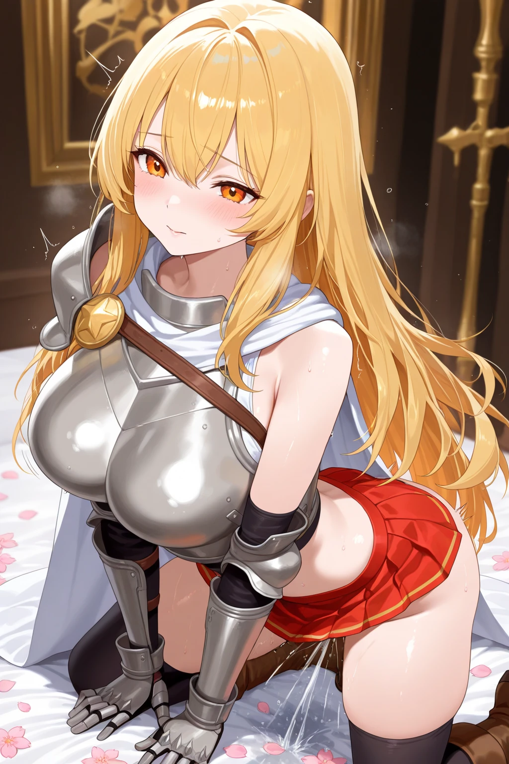Perfect Anatomy, One girl, alone, , (lactation through clothes:1.1),nipples standing,(nipples peek:1.4)、((Huge breasts)),Swollen Nipples GB, Long Hair, ponytail, compensate, lipstick, red lipstick, masterpiece, Highest quality, Very detailed, Fantasy , a Anime in armored dress holding a swordposing for a picture, evil smile, smile, Open your mouth, breastplate with open , warrior outfit, Naughty anime style, Anime, Naughty style, (Browsing Caution) Not safe at work, Naughty, Digital anime art!!, Anime Style, Official artwork, Visual Novel CG, 美しいAnime, Anime Style 4k , Loincloth, Exposed abdomen, Exposed navel, Exposed abdomen, Exposed underbelly, Pencil Skirt Armor, city,inside city,