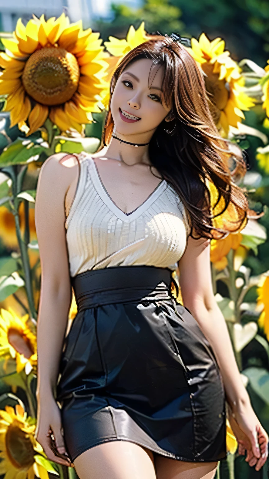 ( Absurdly , High quality , ultra detailed ) ,( hand detailed ) , 1girl, solo, mature, very long hair, sunflower hair , beautiful crystal eyes ( eye detailed ) Baroque, Necklace, long dress, long sleeve, elegant, colorful, highest detailed, upper body , with the river and sunflowers