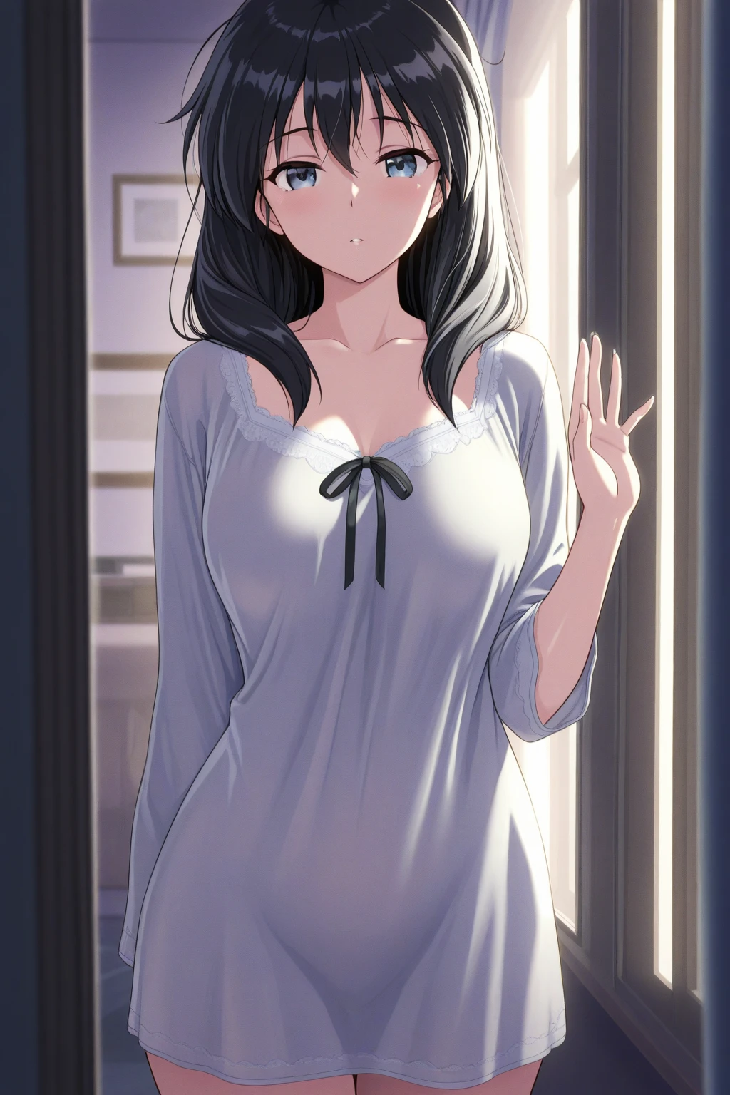 one woman,slategray skirt,lightslategray suit,white dress shirt,sexy pose,taking off clothes,tiny breasts,tall of a person,gleaming skin,beautiful face,sharp eyes,open mouth,embarrassed,sad face,flushed cheeks,long hair,wave hair,black hair,red eyes,love hotel,on the bed,illustration style,anime style,masterpiece, extremely fine and beautiful,illustration,adult woman
