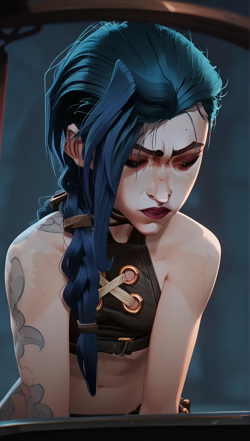 (masterpiece, Best quality), 1 girl, portrait, very sexy, crazy look, smile, crying, pink tears, tears on the cheeks, tears from eyes, full length (full body 1.1.), очень feminine, fighting stance, battle, fire, explosions, burning city, beautiful waist, gloomy composition, flame, fire, Flash, very beautiful, feminine, long hair, hair braided in long braids, very sexy, tight leather pants, emphasis on the eyes, face accent, Beautiful face, Hands, Hair, Haired ponytail, red purple eyes, Джинкс crying, Blue cloud tattoo, (masterpiece, Best quality), Side lighting, beautiful detailed eyes, crazy face), (Best quality), (masterpiece), magic photography, Spectacular lighting, Photorealism, ultra detailed, интимная portraitная композиция, 1. 4,8 k UHD, aesthetic, Cd., A high resolution, 8 k, better lighting, Best shade, Ultra-HD, A high resolution, sharp focus, complex background, Cinematic lighting, ((Landscape view)), 4K block, (better lighting), ((Cinematic lighting)),