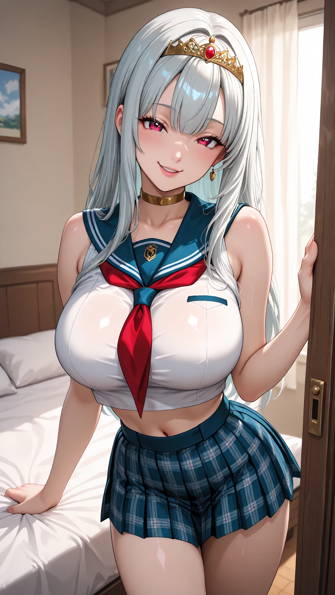 best quality,Emilia, grey_hair, upper_body, lower_body,  large_breasts, cleavage, very_long_hair, white_thigh_boots, show tits,show,room background,seductive smile