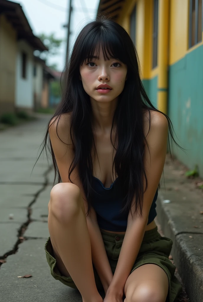 (1Girl)、top-quality、​masterpiece、超A high resolution、(Photorealsitic:1.4)、Raw photo、glowy skin、(Abandoned House background)、Precipitous cliffs、(Small LED)、((super realistic details))、portlate、globalillumination、Shadow、8K、ultrasharp、、Raw skin is exposed in cleavage, (nsfw:1.4), (naked:1.4), (standing pose:1.4), ((realistic asian pussy)), (cowboy shot)