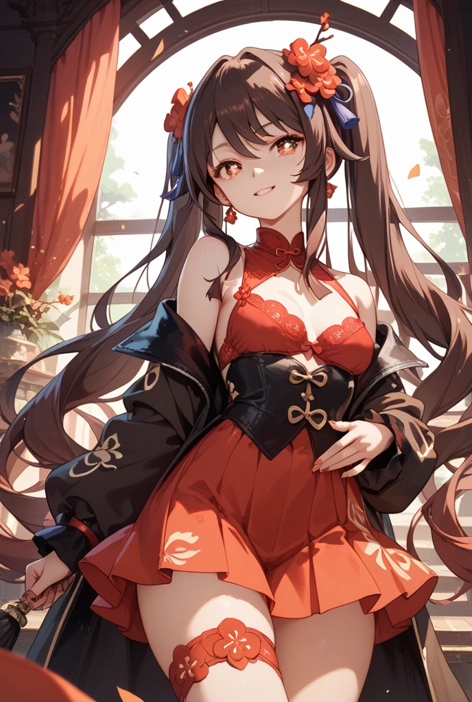 ((masterpiece,highest quality)), 1 girl, Sparkling, mask on head, single glove, Wrist rope, cowboy shot, inside the room, smile, crazy, shining eyes, sexy, feet, on the bed, full body