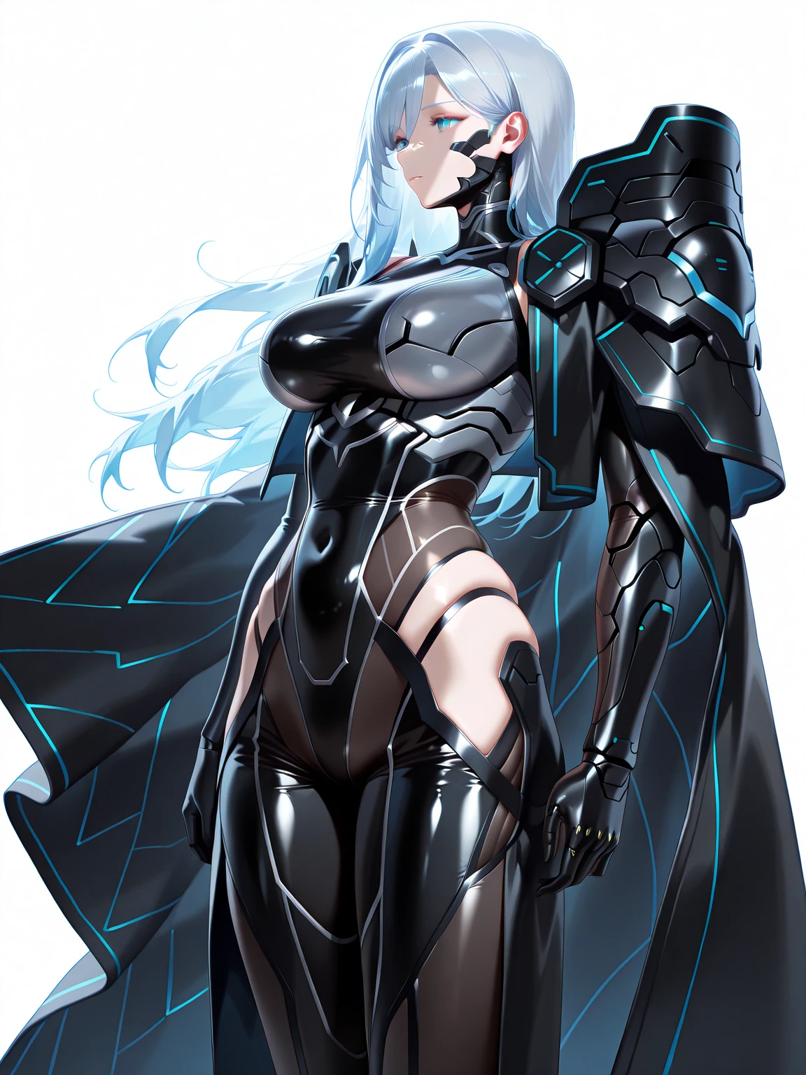 2girls, dark-skinned females, dark-skinned female, dark skin, white hair, long hair, large breasts, breasts, wide hips, yellow eyes, smile, bodysuit, black bodysuit, white trim, sleeveless, black pantyhose, pantyhose, futuristic, tech, science-fiction, full body, ((full body)),