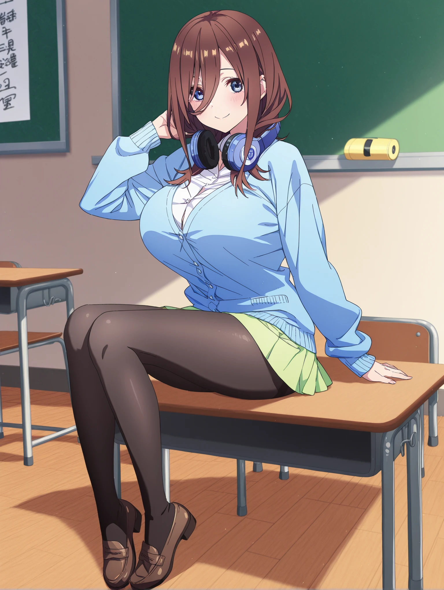 Masutepiece, Best quality, (highly detailed CG Unity 8k wallpaper) (Best quality), (best illustration), (Best Shadowiku Nakano, brown hair, blue eyes, classroom, beautiful detailed eyes, Looking at spectator,((blue cardigan)),((very short green pleated miniskirt)),((black pantyhose)), distress,pigeon toes, lifting skirt by myself,full face blushing,panties showing