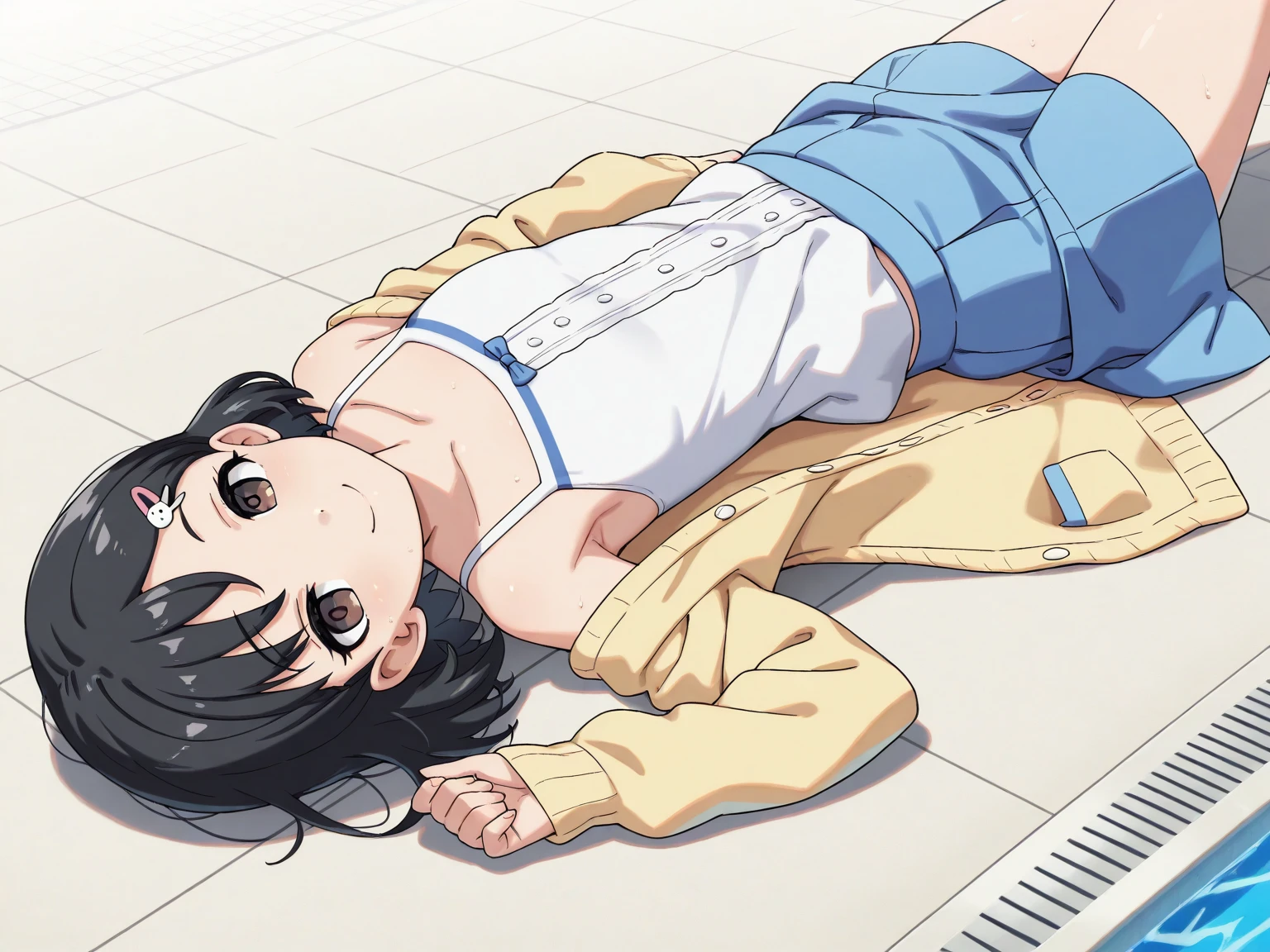masterpiece, Highest quality,Multiple Girls, Three Girls, Backpack, bag, Black Hair, Have, hair ornaments, ponytail, Hair Clip, Iris, bandana, Striped, smile, short hair, Shorts, Long Hair, skirt, denim, View your viewers, hug, shirt、,Spread your legs,orgasm,blush, Sweat,White panties、Squat、Look at this、skirt、、Attacked by tentacles、Tentacles wrap around my legs、Tentacles in the crotch、Captured by tentacles、cry、shout、Ecstasy face、skirtの中の触手、Do not run away、Lying down、Torn clothes、skirtの下からスパッツが見えます、Spread your legs、Disheveled clothing、skirtをめくっる
