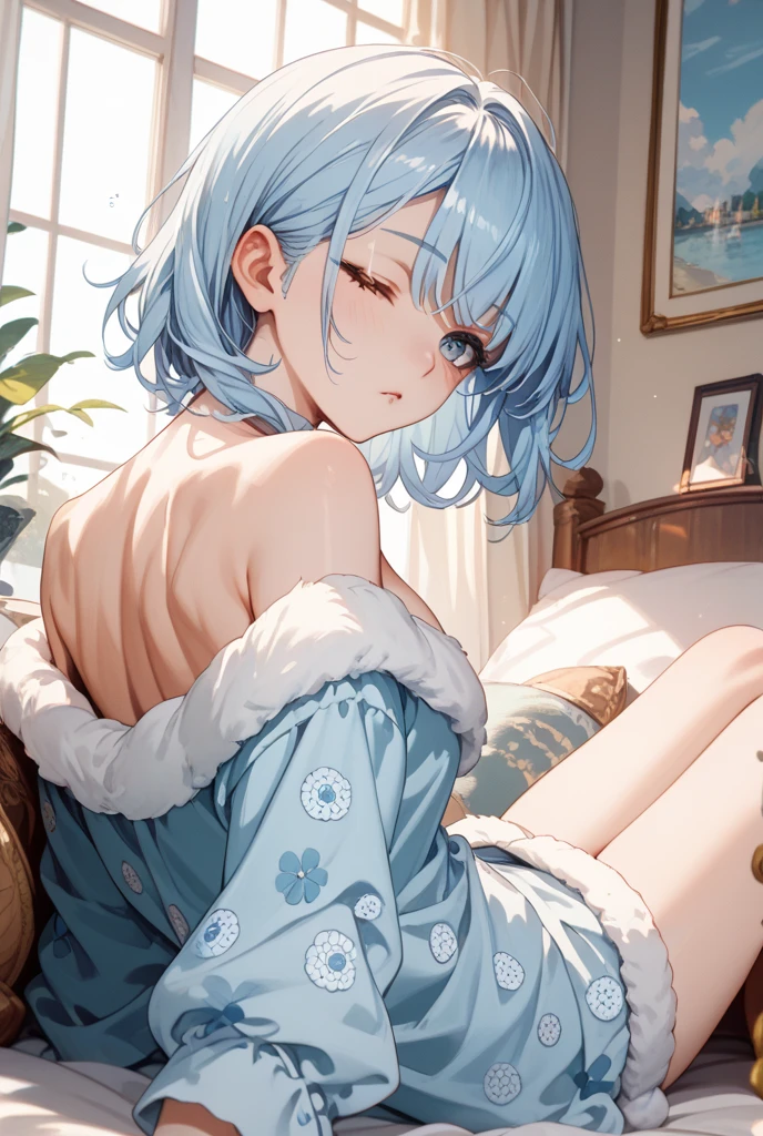 (Highest qualityのイラスト:1.2), (pretty girl:1.1), (1 girl、17 years old、Highest qualityのイラスト:1.2), (1 girl、smile、Very detailedな目:1.2)、Bright blue hair、Short Bob Hair、(Highest quality、Very detailed、Very detailed and beautiful、Ultra-high resolution) 、Late night bedroom、Lying on one's back in bed、Lingerie、from above,
