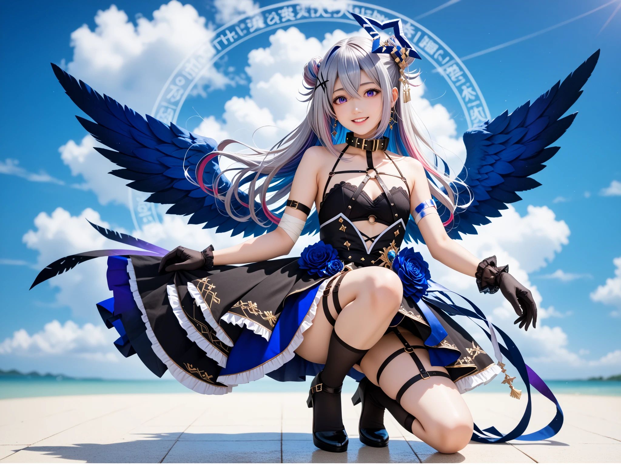 8k.Half Russian and half Japanese、Russian face、beautiful girl、PRİNCESS、、Small face、Young face、Drooping eyes、Skinny、Small breasts、(((Silver Hair、Silver Hair)))、With bangs、(((Blue glowing eyes)))、Twin tails、(((Red ribbon in hair、Floral decoration)))、Partially braided、whole body、front、angel's wing、angel Halo、Devil's Wings、Devil horns、(angel and devil hybrid)Long ears、Devil's Tail、(whole body photos)、Cute pose、(Blue Rose)、Holds a glowing blue wand、Glowing Wand、Uplifting、smile(((Completely naked)))(((Completely naked)))Glowing magic circle、Wizard、Magical girl、Little glowing fairies flying around、Glowing vortex、thunder、lightning、Space-time distortion、(Distorted clock)、Fantastic landscape、Lock、Constraints、grim Reaper's Scythe、Golden Feather、I see auras around my body、Milky Way、universe、star、Golden Tiger、Golden Dragon、Golden Hawk、Golden Rabbit