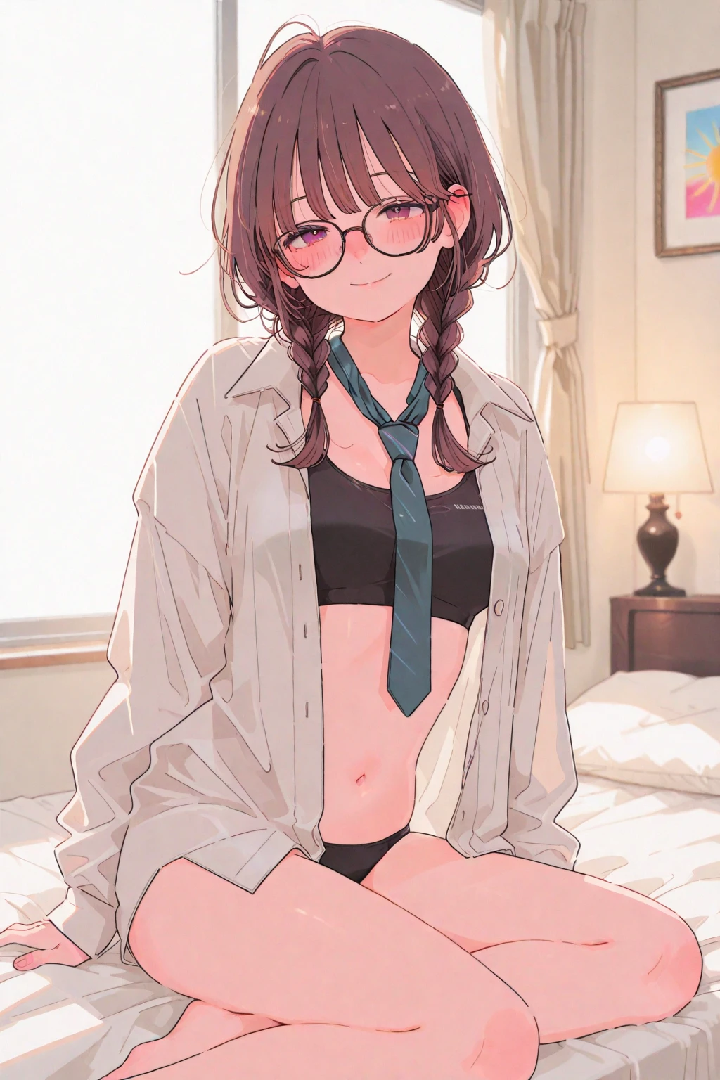 1 girl, medium construction, (((completely alone))), ((round glasses)), long brown hair, blunt bangs, Brown eyes, (((perverted smile: 1.2))), sexy look, modern, (((contemporary))), Room background, lying in bed, panties, pajamas, (((very embarrassed)))
