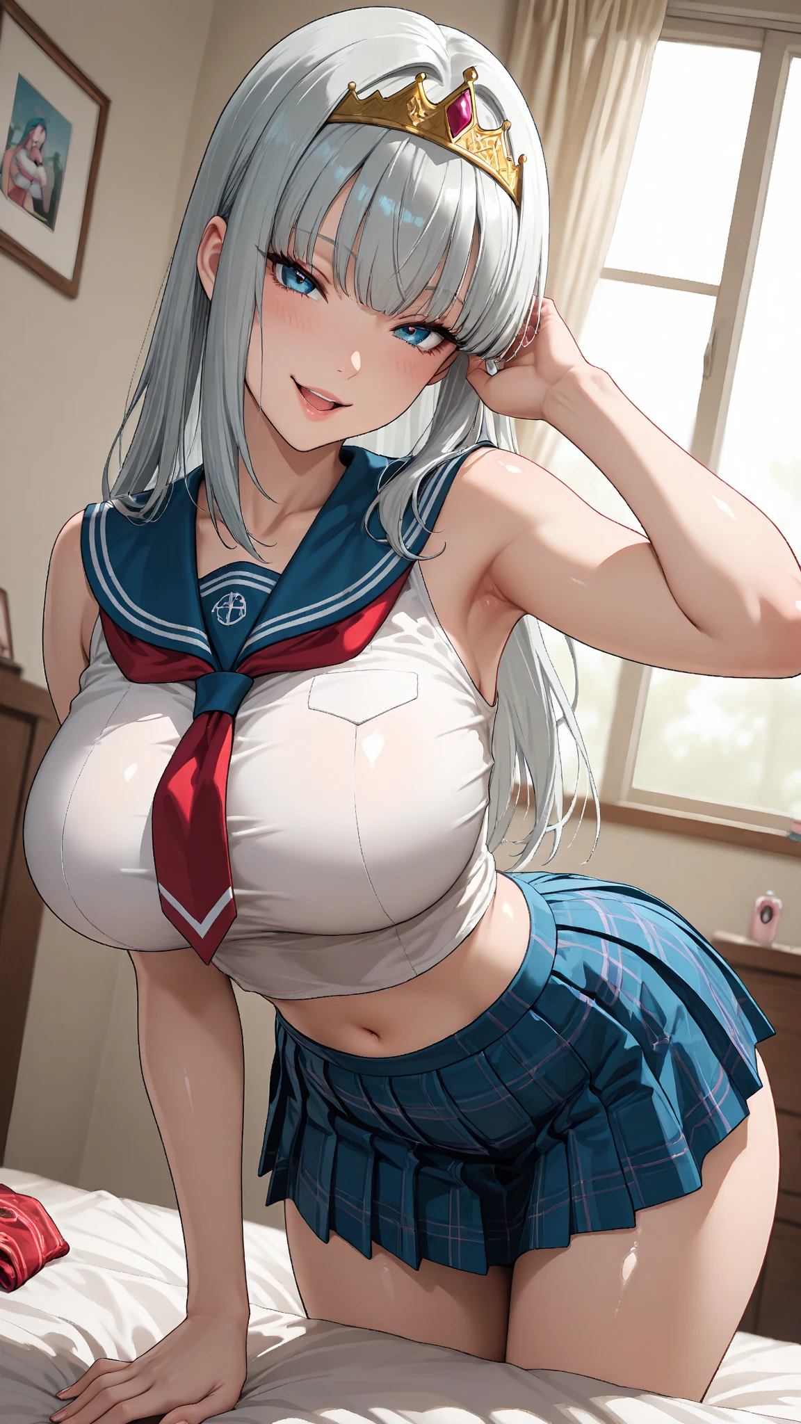 1girll,a sailor suit,hason,exposing your navel,I can see panties,gigantic cleavage breasts,Perfect legs,extreme hight detail,In the classroom