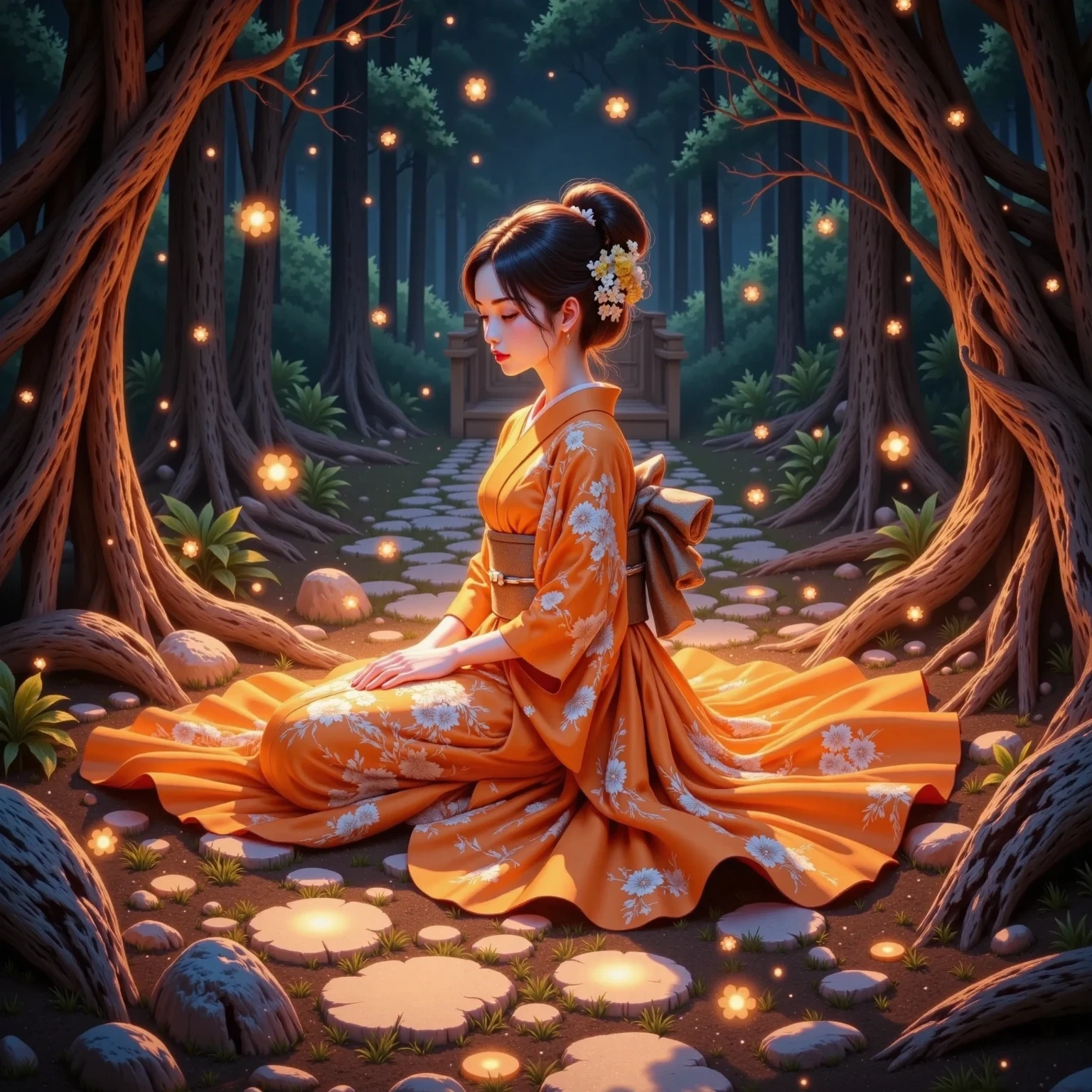 gorgeous women wear orange kimonos、I'm in a special forest square