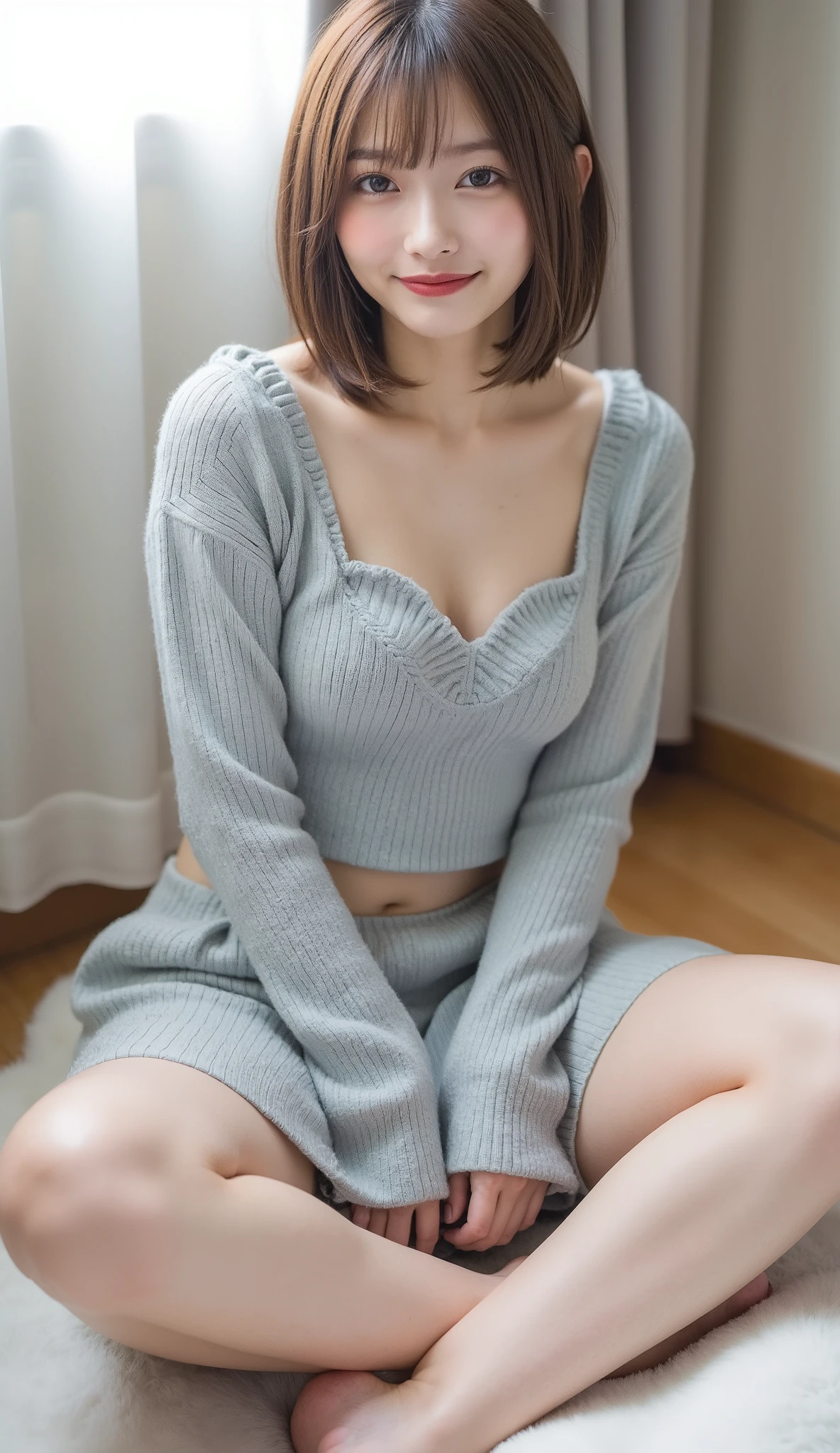 1 Girl, Beautiful and shy Japanese girl, Age 15 years old, childish expression, Bright honey colored short bob, Brown eyes, Glossy Lips, Shiny hair and shiny body, Shiny thighs, A shy smile, Wear a loose summer sweater, In my bed in a cottage overlooking a beach in Bali, Clear blue sky and clear blue sea, Light shines in, Leaning forward,From the neckline to the cleavage,A glimpse of white panties, Small breasts, Exposed breasts,