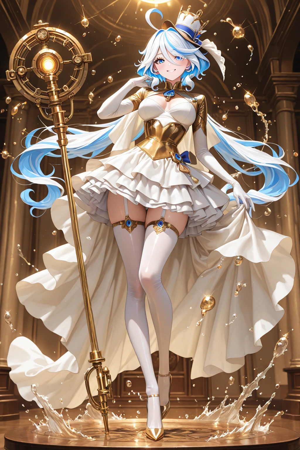 iris, red hair, long hair, braid, red eyes, muscular female, anatomically correct, mature female, curvy, huge breasts, breasts, dress, high_heels, large_breasts, solo, gloves, cleavage, full_body, looking_at_viewer, jewelry, bangs, earrings, tiara, white_dress, strapless, alternate_costume, strapless_dress, standing, bare_shoulders,
