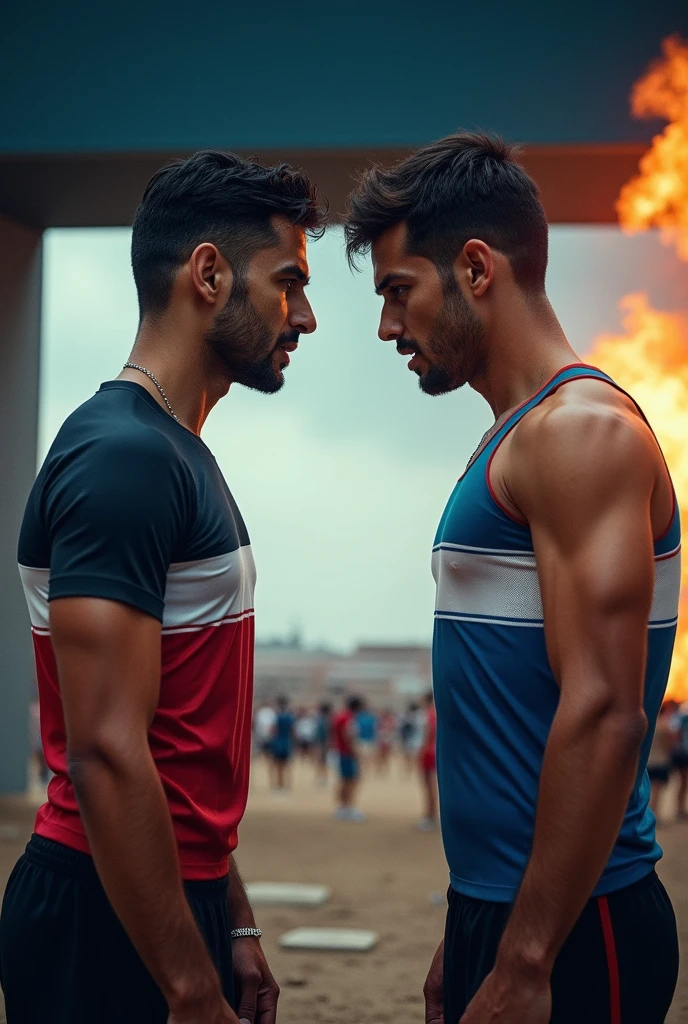 (photorealism: 1.2), two men facing each other,  dressed in sports uniforms, interior, Soft lighting,coliseum in the background,  confrontation pose, Realistic and intricate details , strong colors