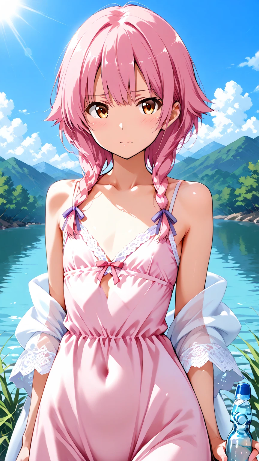 ,((Masterpiece)), ((Best Quality)), ((Super Detail)), ((Cute)),((Illustration)),(Cute:1.5),((High Detail)),((Super Detail)),(((Delicate Face)),Anime Screencap, Kyoto Animation Style, "Kyoto Animation" Style Anime Illustration, Best Quality, (Cute: 1.1), 8K, (High Resolution: 1.2), Incredibly ridiculous: 1.3, incredibly fine illustration, pretty girl, (heterochromia, light blue eyes and light green eyes), standing figure, happiness, :d, masterpiece, best quality, absurdity, high resolution, official art, solo, ((pale pink hair, braids on the sides, cute flower ribbon)), (pink panties, pink bra), Clear skin, lipstick, eyeshadow, big breasts swaying: 1.8), dressing room, public bath