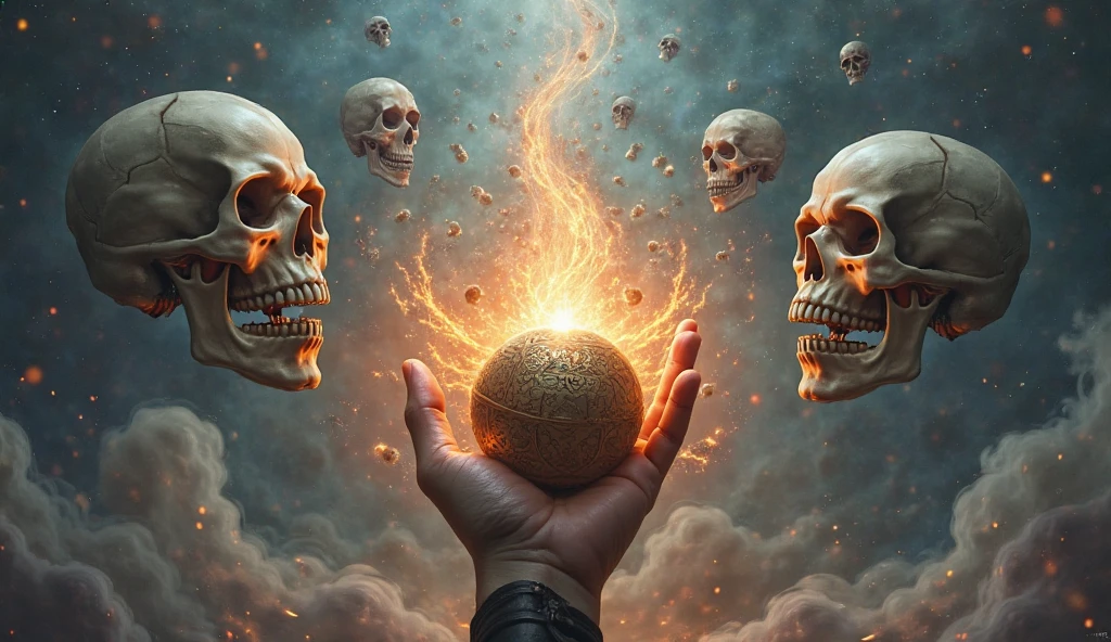 skull with bulging eye, ninja skull, art deco skull, full 4k face, skull well balanced in colors, with dark background, animalistic background with blur as if quoted with a moon in the center, thunder, lightning, luminous, dynamic, cent broken skull in two, but not exactly, with 2 chairs and a table in the center, podcast, 100 of the broken cane with lights bouncing off the table and chair, with splashes of colored cutouts, with elemental being crushed, shattering everything around it, everything in the cracked main floor with saine panque art custom fashion with depth and upholstery with microphone on wrestling table with portal dark flames lapera mic old music microphone oversized microphone microphone shaped tentacles,a full dimensional image cracking in the center --auto --s2