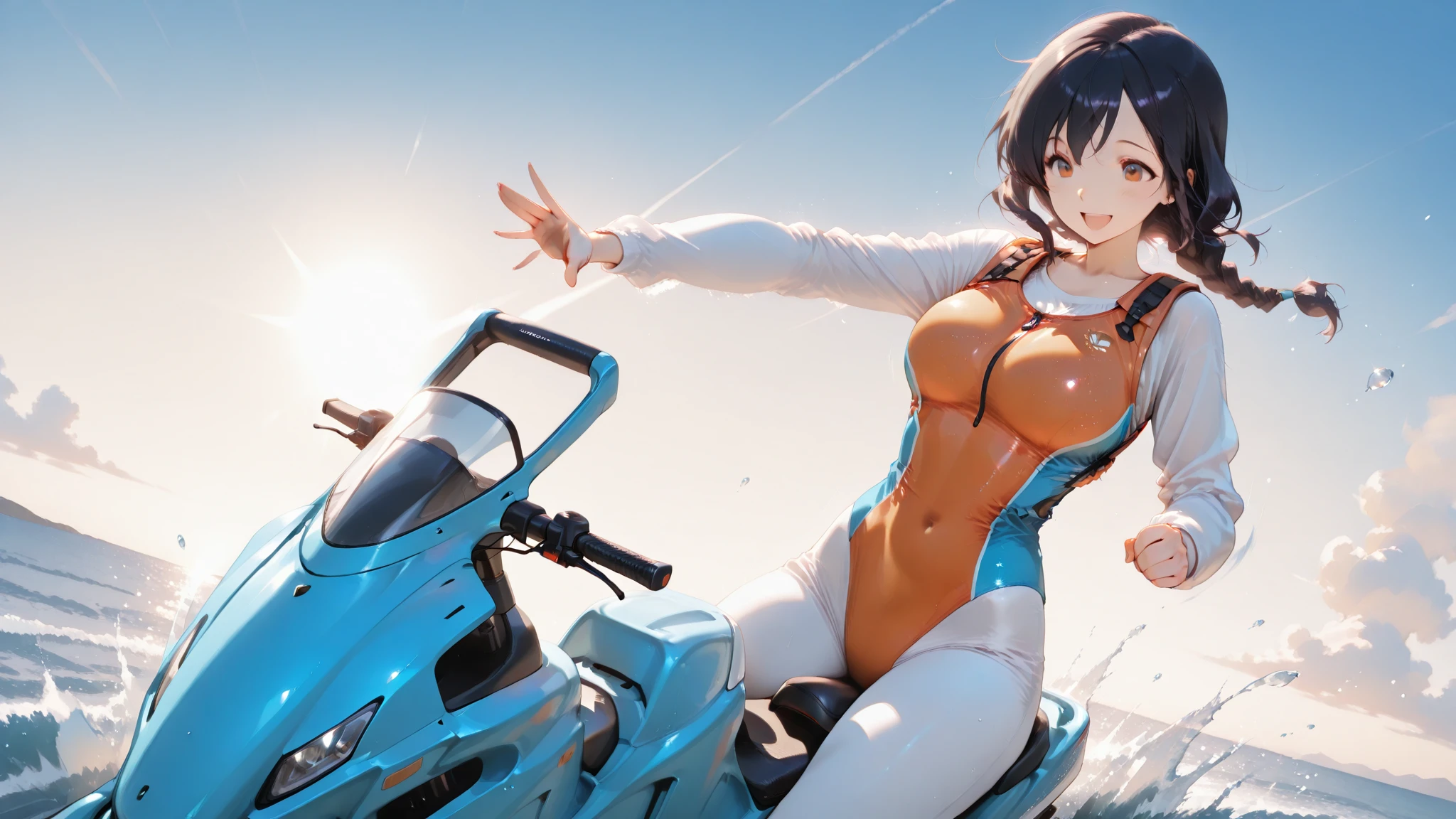 8K， best quaity， super high definition， Masterpieces， lifelike， lifelike， High contrast， Photon mapping， Real images，Super real，lifelike，photograph， super detail， Low angle： 1.5， 1 Girls， solo： 1.5， corps entier， Huge waves at sea： 1.5， A beautiful lace queen， Squat on a jet ski to Lace Queen only： 1.5， Fancy makeup， Blazer： 1.3， short skirt： 1.3， Blazers and skirts，Wear high heels， necktie，Kamizo：1.3，bare feet，M-shaped leg spread：1.2，Open crotch：1.2，Open your legs 120 degrees，Brown hair with long hair，White lace panties：1.5，It can be seen from under the skirt：1.3，the high，Height 170 cm，long leg：1.2，Beauty：1.5，Details feminine shapes are clearly visible： 1.2、Sticking out of panties， No underpants，Textured skin --auto