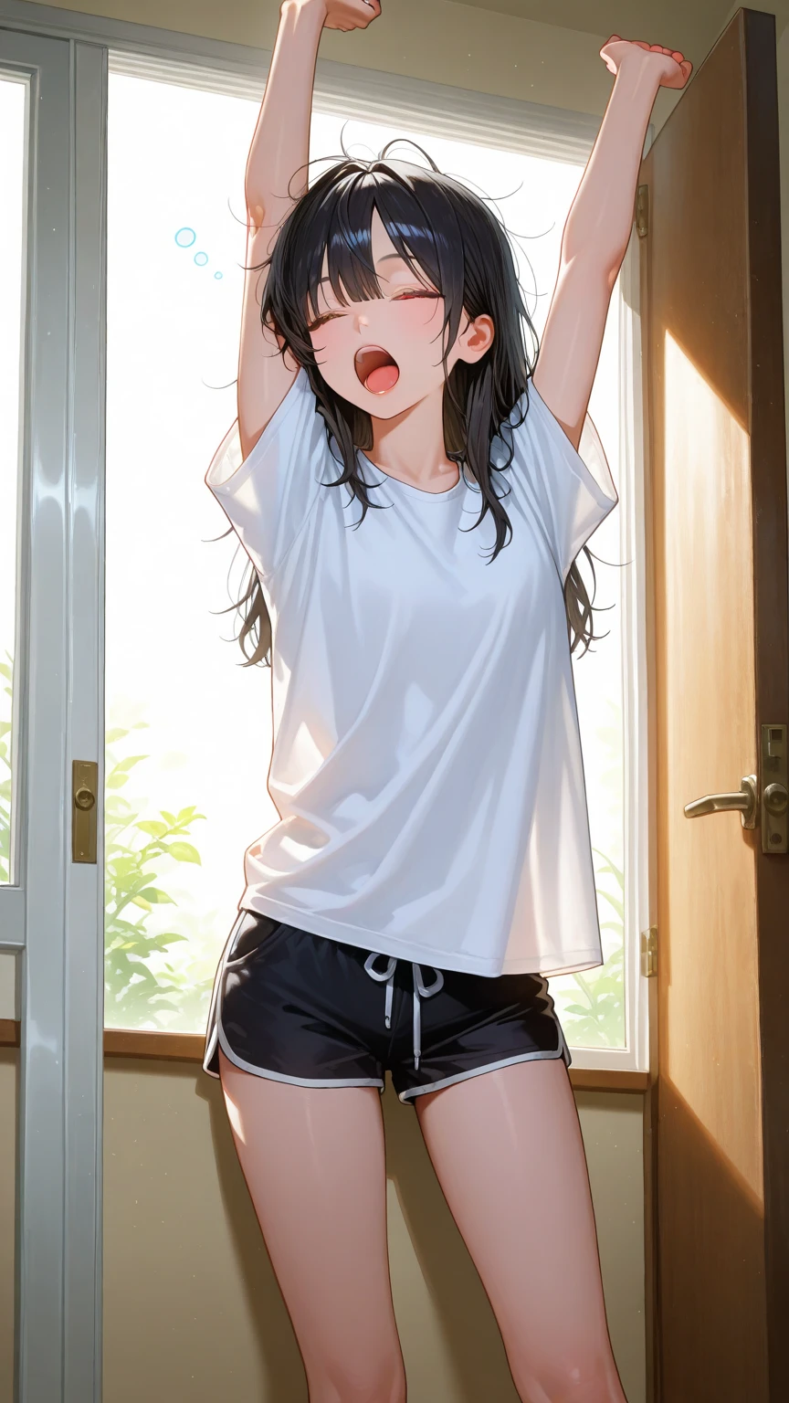 (masterpiece, Highest quality:1.2), One girl, alone,Are standing_Split, 
Long Hair, White sleeveless tank top，Blue Denim Shorts