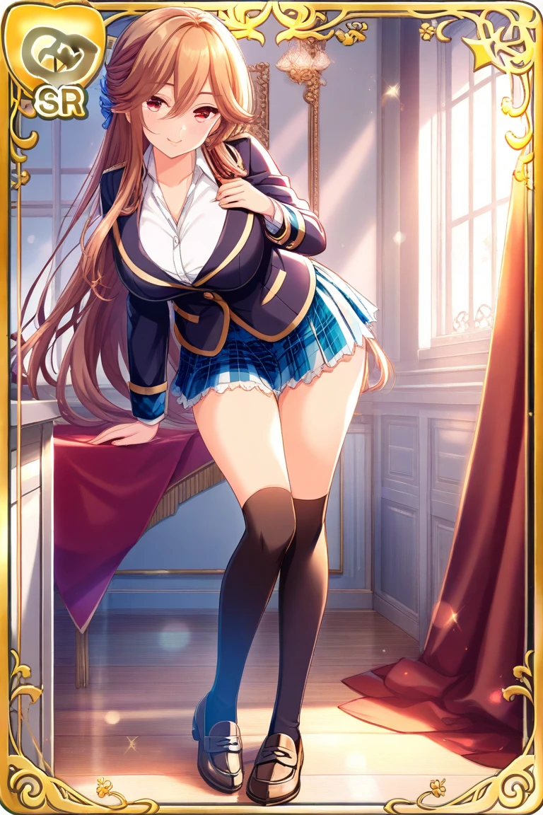 {Highest quality], [Super beautiful], [Ultra fine], [Best illustration], NSFW,Brown Hair, Hime cut, Long Hair, With bangs, girl,high school student,uniform,knit,smile, blush, Slender women, Adult women,Standing posture,(Public),Night Park,Summer festival,diagonal, Navy blue knee socks,Black Loafers、Stripes々Panties、Without skirt、Panties in full view、From the back