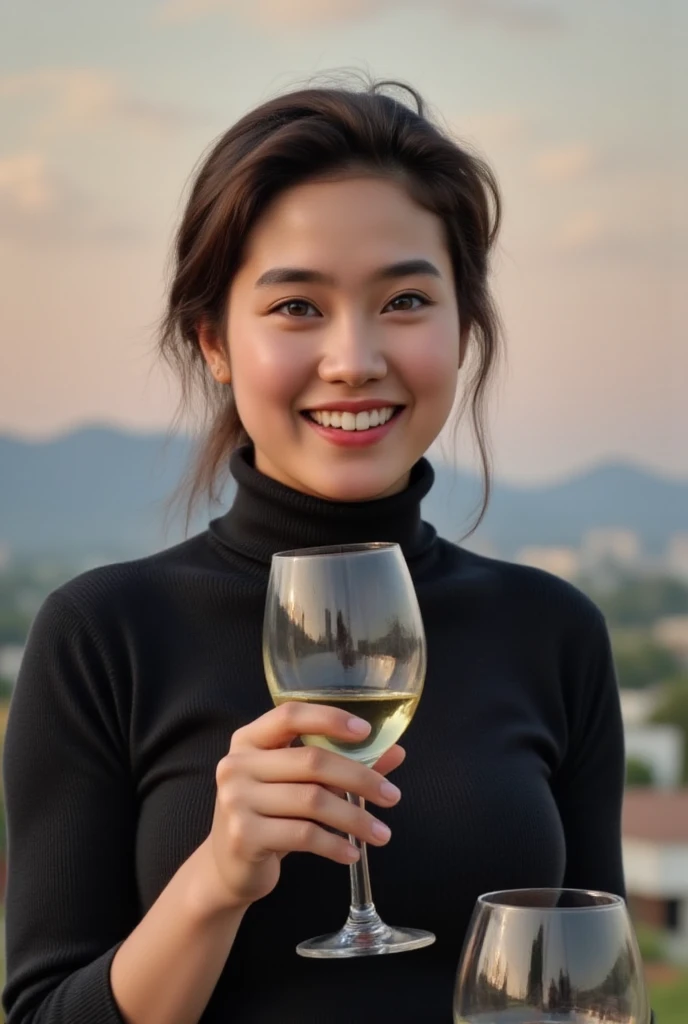 ((highest quality、8k、masterpiece:1.3))、Sharp focus:1.2、Beautiful woman perfect body:1.4、Slim body、((Bob Hale、Straight hair:1.2))、(to be born, highest quality, masterpiece:1.5), (Realistic, Intricate details:1.2), Ultra-high resolution, Put the light on your face、Amazing view of the sunset sky and clouds、Amazing mountain views、A bright smile、wine glass、red wine 、Appetizer、Italian food、Wine bottle、Champagne、sparkling wine、, Beautiful Face, blue eyes, The light shines on your face, Blushing, short hair,Bright Face、Fox face、 (42 years old), 39 years old, Lady、Two beauties、Brown Hair、Shortcuts、Long sleeve shirt、dress、Pretty Woman 1, (Slim face), (The body is slim), (Brown Hair), (Shortcuts), cheeks turn a little red,Attractive beauty、, Out of the window, A beautiful and detailed night view unfolds.........., restaurant, In a prominent place (From the waist up) Nova Frog Style, actress, model, Upper Body, White wine, slim, wine glass, A wine glass placed in the middle, smile, (smile: 1.15), Beautiful fine grain, Depth f/2,saturation, High Contrast, Strong light and shadow,Moist Body:1.5、3D texture、Delicate eyes、Brown Hair、The hair is very shiny、