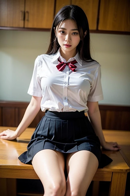 ((masterpiece)), ((best quality)), (ultra-detailed), ((extremely detailed)), 4K, (8K), best quality, (beautiful),((beautiful eyes)),white shirt,(skirt),(school uniform:1.3),fullbody,(intricate panties),20 years old,(white panties),brown hair