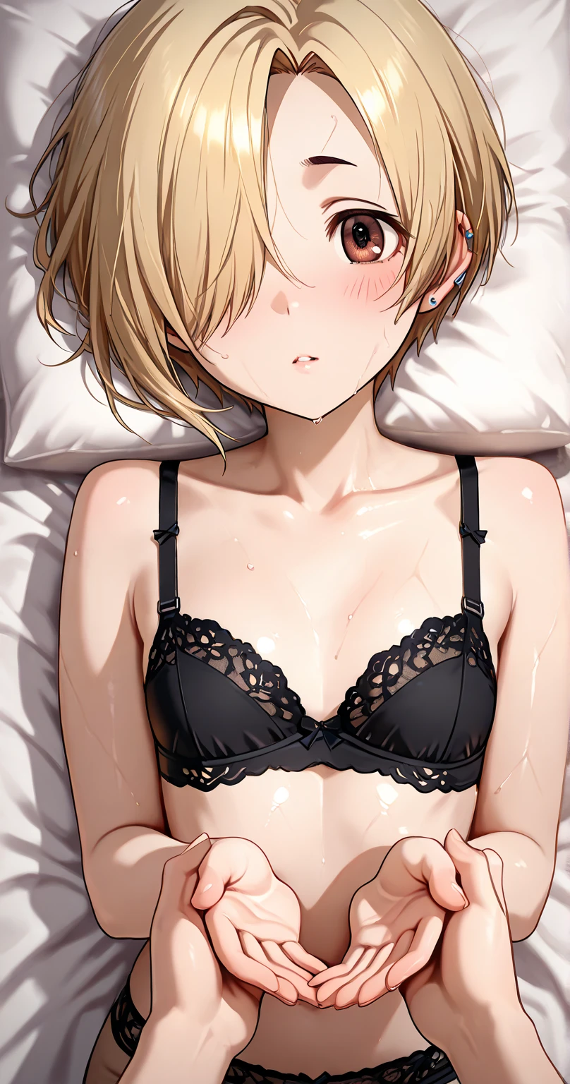 young girl, young face, hot face, golden eyes, short hair, blonde hair, annoyed expression, irritated face, mature body, curvy body, big breasts, black thong, black bra, bedroom, sitting on bed