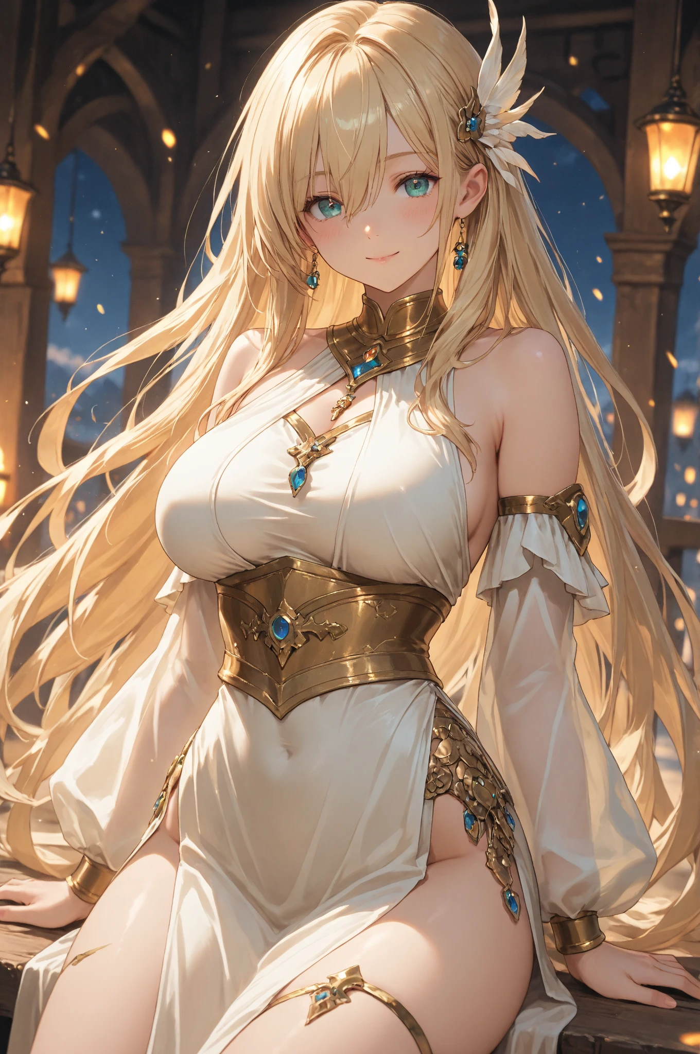 asuna,sao, crown half up hairstyle,, close shot, View from below, Exposing cleavage, shiny skin, Perfect body, woman, mature female, white hair, hair fluttering in the wind, ?, open mouth, human hands, large breasts, beautiful detailed blue eyes, Authentic skin texture, gold accessory, intricated filigree, dress, brown Clothes, dusk sky, dusk, sunset, warm, wallpaper, wallpaper 8k CG, best quality,
