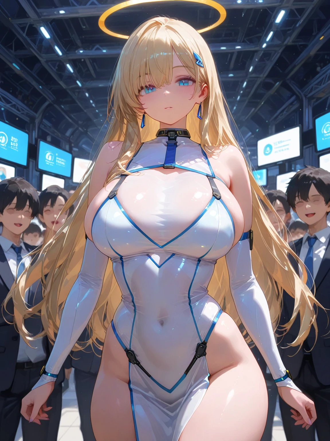 Highest quality、Realistic、woman、senior citizen、68 years old、grandmother、Wrinkled face、zoom、Orange eyes、Silver-haired wavy hair、Reinforced Body、Hero Suit、Glossy white bodysuit、Blue and gold accents、thin、Dark Skin、Big saggy breasts、Inappropriate smile、Busy Street、Bust Shot、