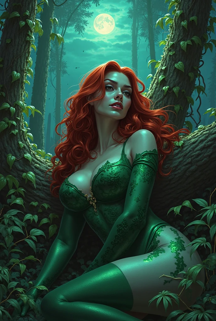 Red-haired snake woman,with an 80s style outfit,beige and green,forest background at night