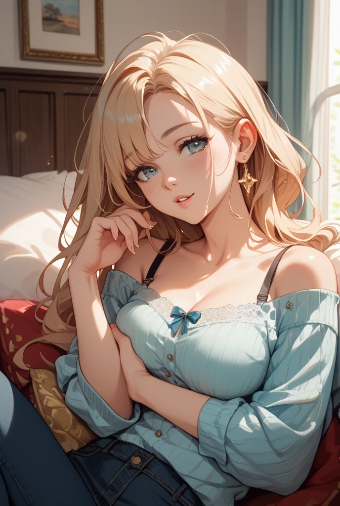 1-girl, solo, femenine body type, green and blue eyes, heterochromia green-blue contact lenses, perfect eyes, ultra detailed eyes, light blonde curly long hair, light blonde curly hair, big ass, average breasts, better eyes, naughty smirk, dominant, exquisite and complete facial features, glowy skin, glowing skin, large eyes, long eyelashes, pink clothes, pink mini dress, lingerie, babydoll lingerie, (masterpiece), (detailed), perfect, detailed face, highres, (best quality) , (high quality), (high definition) long lashes, solid circle eyes, gentle smile, cheek blush, surrealism, parallel shadow, 8k, ultra detailed, elegant bedroom environment, sit on bed, afternoon sunshine