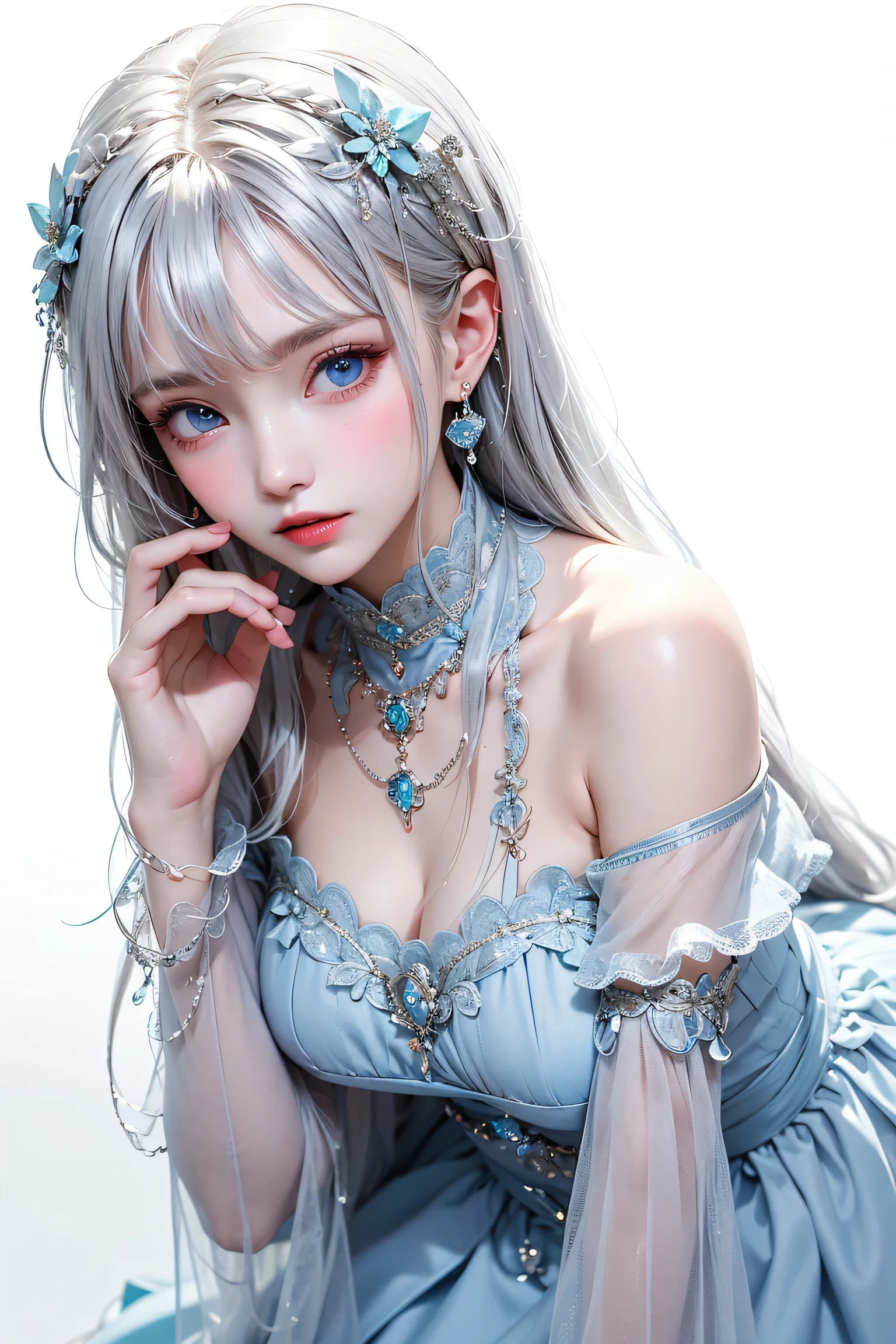 (from below),Dynamic Angle,Extremely detailed, illustration, close up, straight on, 1 Girl, (fantasy:1.4), (Blue eyes:1.233),Her eyes shone like dreamy stars,(Glowing eyes:1.233),(Beautiful and delicate eyes:1.1),(Silver Hair:1.14),(Messy hair),huge breasts, slim waist,