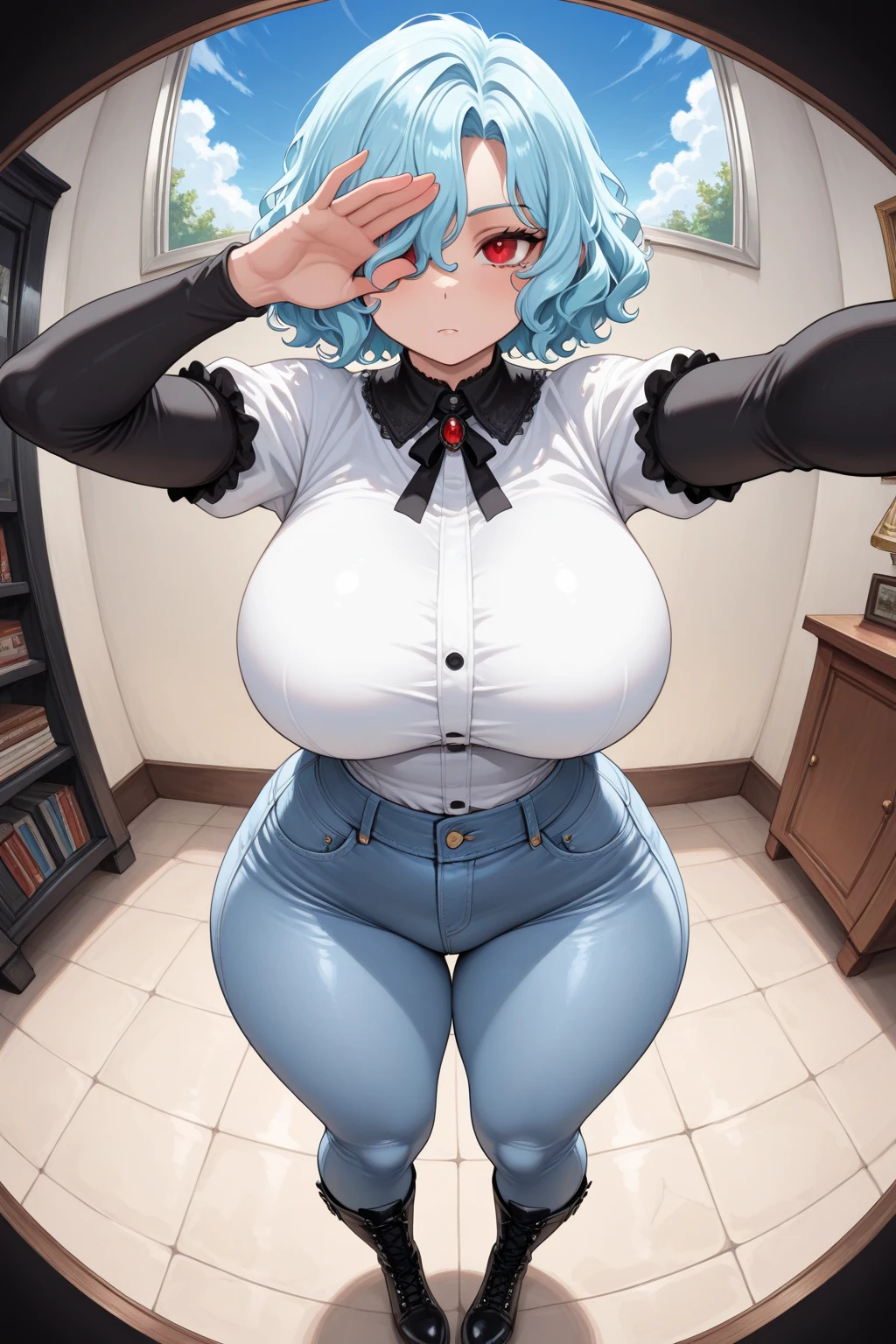 ((((Masterpiece)))), beautiful details, perfect focus, smooth 8K wallpaper, 4320p, high resolution, exquisite texture in every detail, perfect eyes very high detailed, perfect pupils, sclera_eyes_detail, eyes:1.2, human anatomy correct, pastel, hyper_detailed:1.5, (masterpiece), (picture-perfect:1.4), high_resolution, very_high_resolution, ((1girl)), (18 years old), solo, short_hair, blue_hair, ((heterochromia eyes)), ((red_blue eyes)), breasts, skirt, gloves, dress, bare shoulders, ((((gigantic_breasts)))), outdoors, choker, black gloves, belt, black skirt, clothes lift, black dress, thigh strap, translucent white bra, translucent white panties, tight black thigh high stockings, torn torn clothes, skirt lift, lifted by self, black belt, ((from_below)), sitting pose, ((spread lengs)), open-lengs