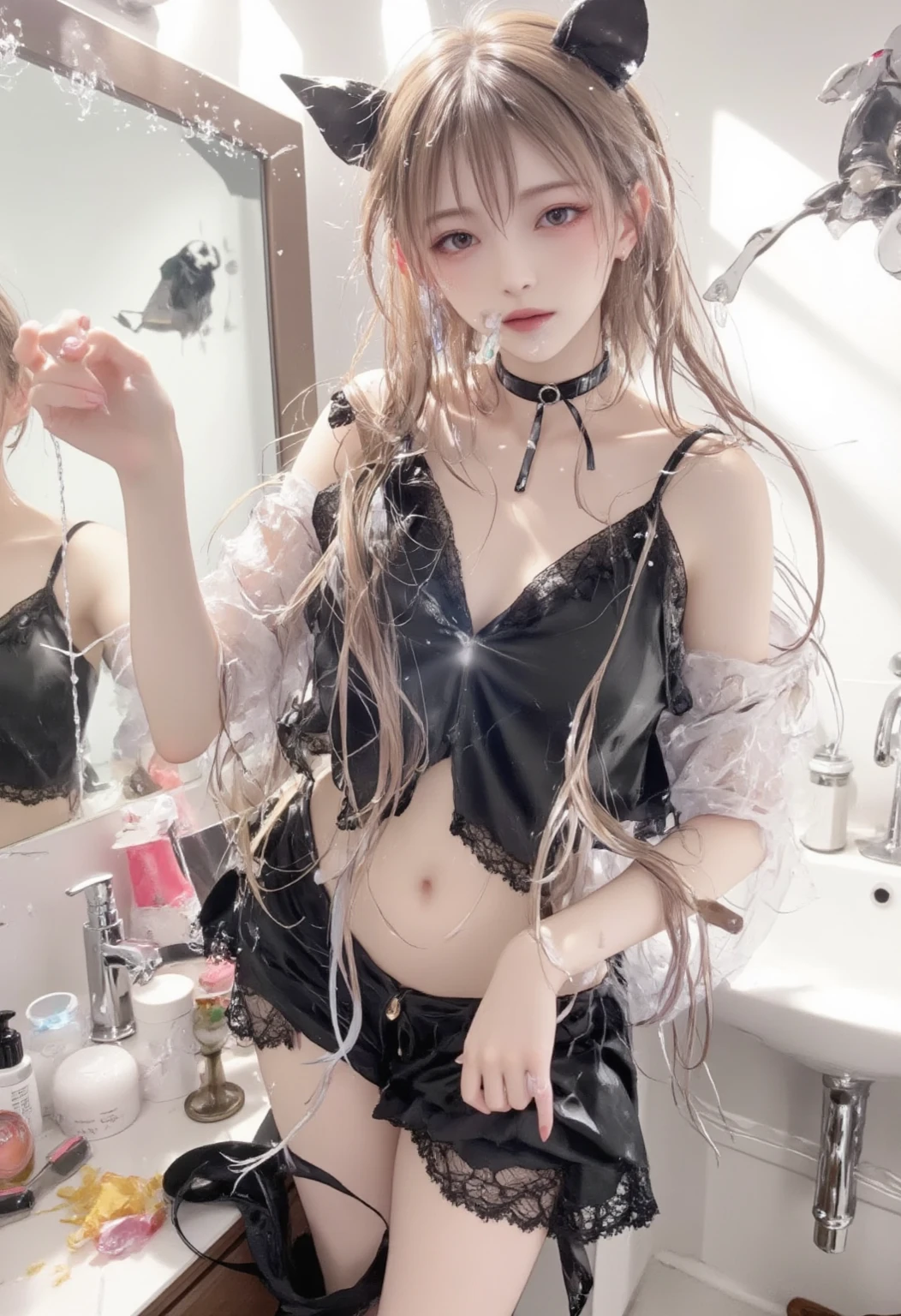 photo of 20 y.o girl in a black cami & lingerie, short wavy pink twintails, pale skin, heterochromia eye, mole below eye, thick eyebrows, freckles, hoodie, shorts, medium breast, small waist, wide thighs, thigh gap, on bathroom, ((see-through)), 8k uhd, dslr, soft lighting, high quality, film grain, Fujifilm XT3,