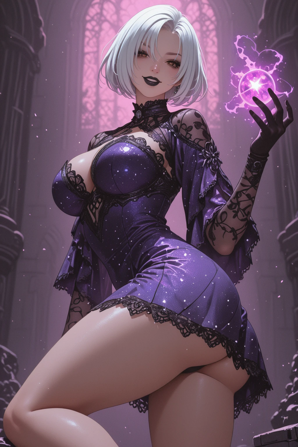 a beautiful witch with a sexy pose, large breasts, curvy figure, smiling expression, short bob haircut, wearing a tight, revealing dress, masterpiece, high quality, photorealistic, cinematic lighting, intricate details, dramatic lighting, digital art