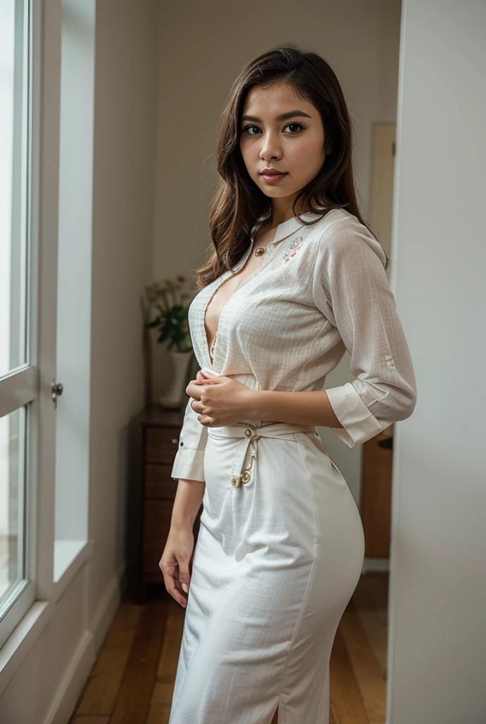 Hay una mujer en ropa interior blanca posando para una foto., grueso, 🐎🍑, pose lateral, pose atractiva, 21 years, la extremadamente caliente y sexy, traje ajustado, cintura delgada y caderas gruesas, pose sexy, pose satisfecha, buenas caderas y piernas largas