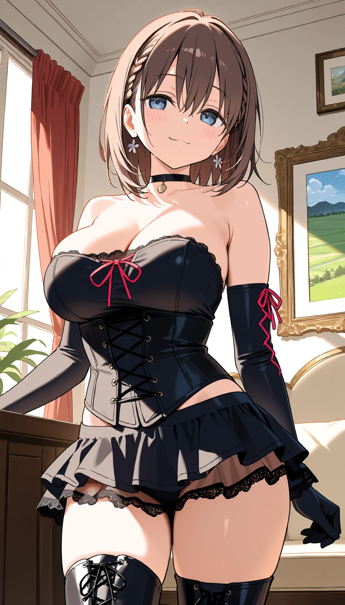 Anime illustration、highest quality、A short and voluptuous penguin idol、companion、Perfect proportions、overwhelmingly big breasts、Beautiful, shining eyes、Blushed、smile、Cowboy Shot、Thick legs