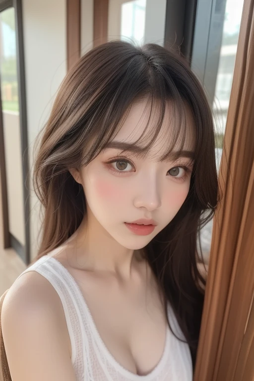 A beautiful woman with white-brown hair, curly at the ends, with two bows on each side of her hair, all her hair white-brown, with a star clip in her hair, light-colored eyes, beautiful, teary eyes, a pretty, upturned nose, teary nose, pink lips, heart and cupid shaped, pale, white skin, with freckles and moles all over her face, soft pink blush on her cheeks, natural pink blush, soft and pink makeup, resembling Yumeko Jabami, while wearing a Crochet YK2, with a YK2-style brown mini skirt, while wearing a jacket with teddy bear prints, with a naked, slim, toned and beautiful abdomen, (big, soft, beautiful breasts), while cosplaying as the character Yumeko Jabami from the anime Kakegurui, looking at the camera, taking a beautiful selfie
