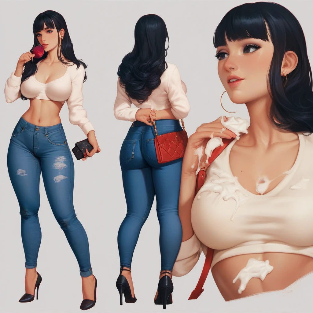 A very attractive anime latina girl, 1 girl with brown skin and black hair, wearing tight jeans, back facing camera looking over shoulder hands on hips, big butt and big tips