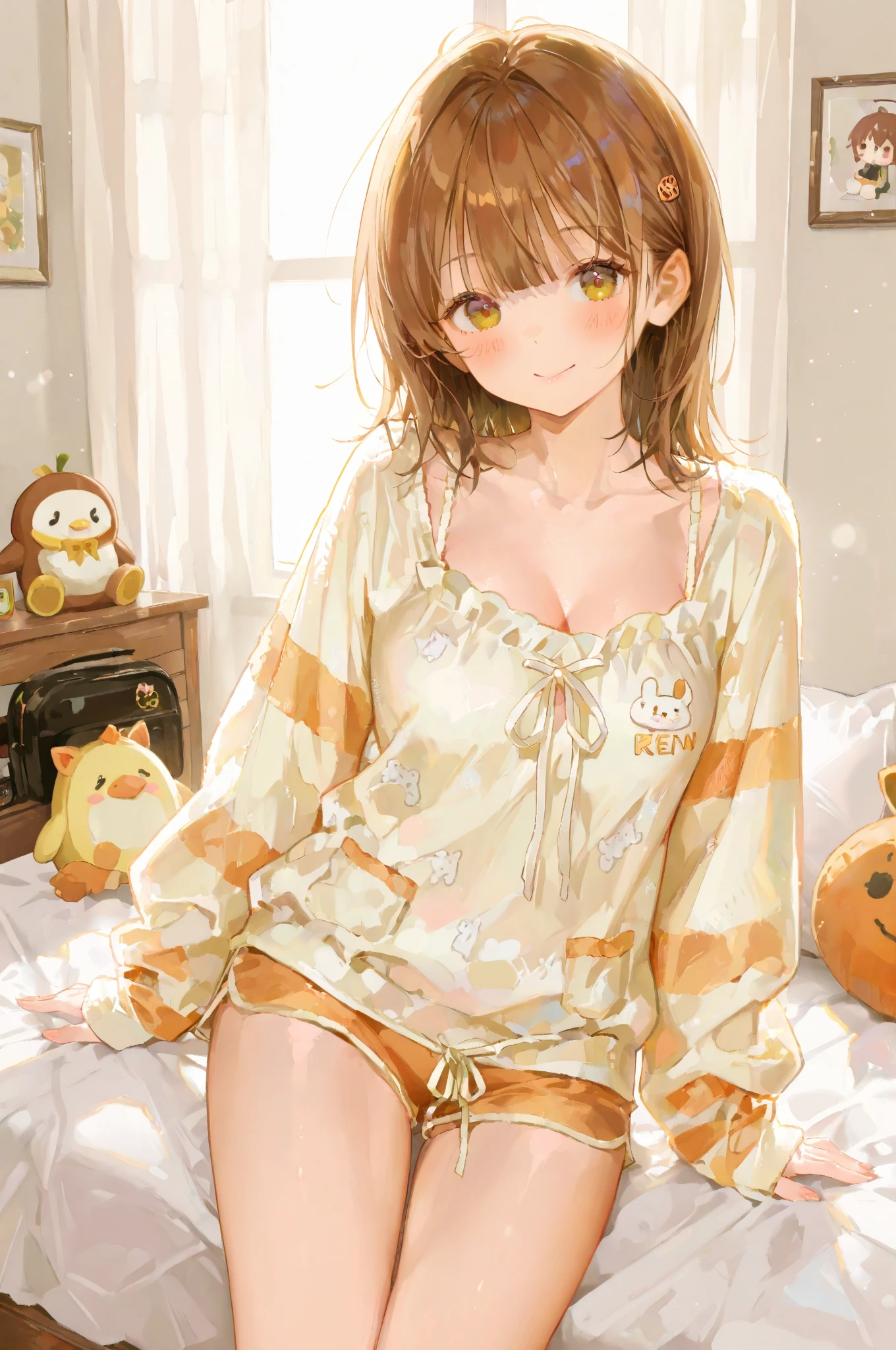 ((Brown Hair)),((Braided Short Hair)),(had black eyes))),(With bangs)),A slight red tide,(Pajama long sleeve cardigan clothes with lots of frills),(Hair band made of fluffy material),((White, pink, orange, yellow)),(colorful, Cute pajamas with marble pattern),(Cute fluffy socks like a fairy tale),((colorful and pop world view)),(((the body shape is slender))),(((hold a mobile game console with both hands))),((During the game)),(Nintendo Switch)),(Navel-baring style),(A cheerful smile),(Face close-up)((Sleeveless negligee)),((Pants made of soft and voluminous sweat material)),(room style),(Sitting on the couch、Place a cushion under your armpits),